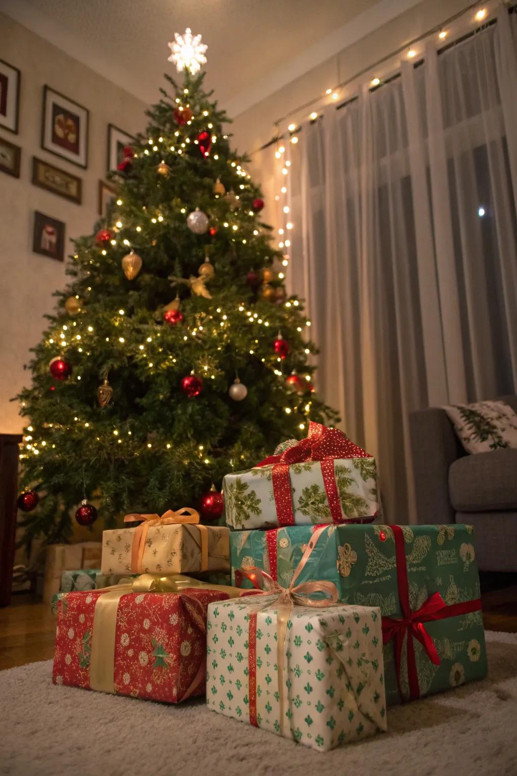 Gifts perfectly arranged under a classic Christmas tree.