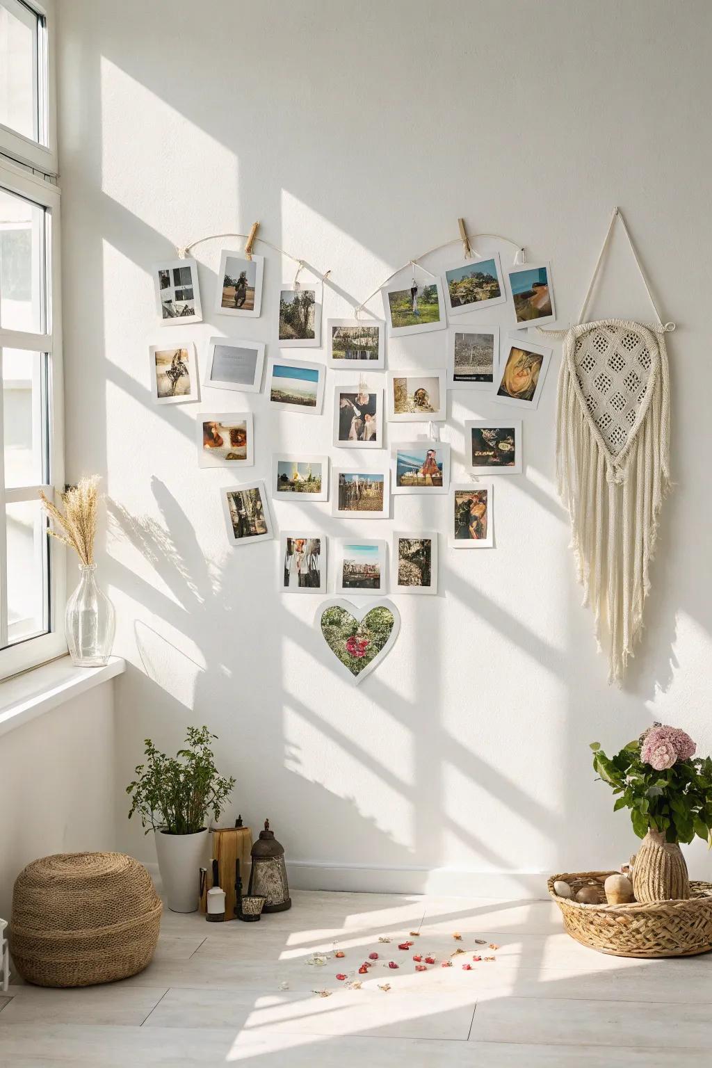 Capture the magic of memories with a heart-shaped photo collage, perfect for minimalist and boho-inspired spaces.