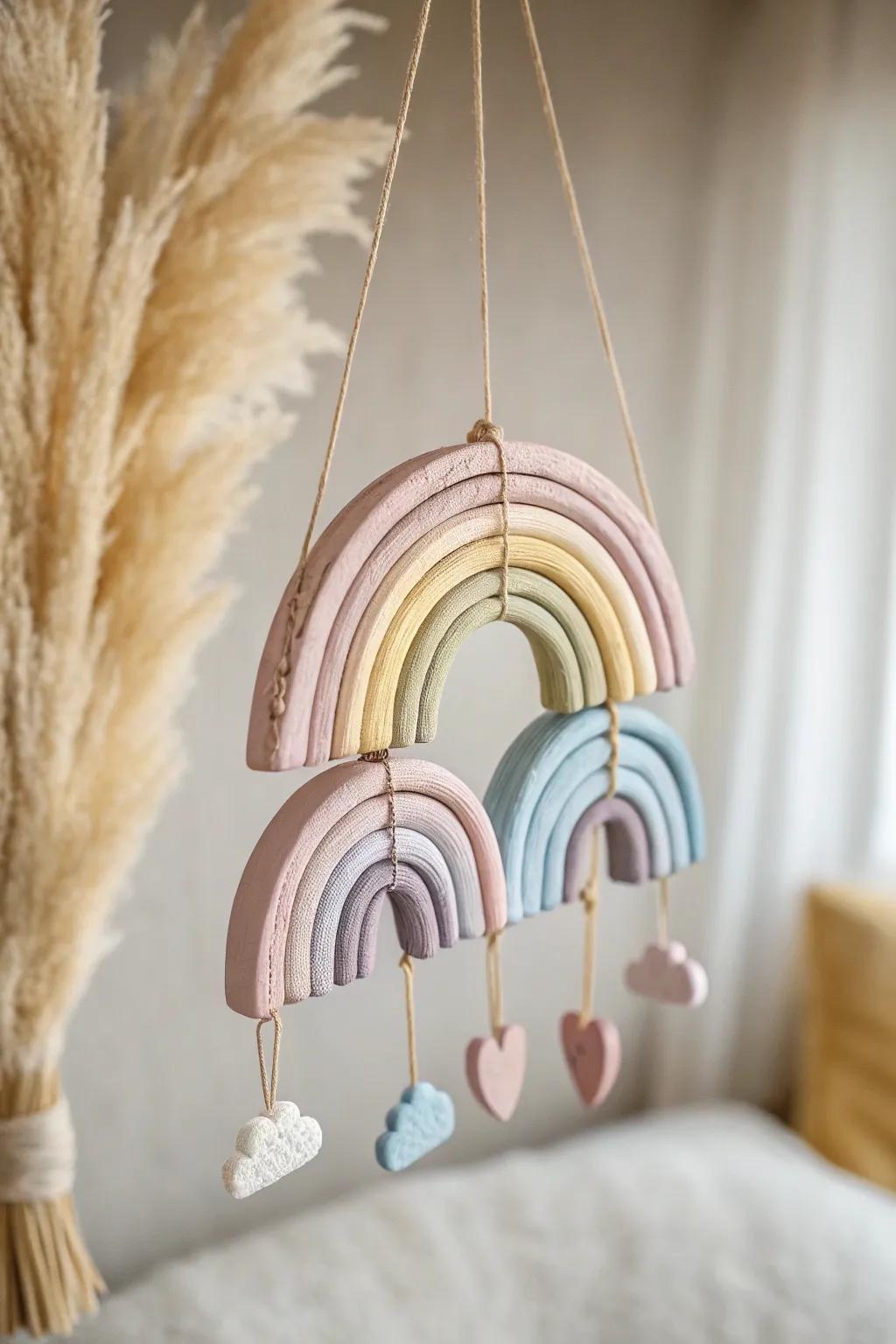 Add a splash of handcrafted color to any room with this delightful rainbow clay mobile.