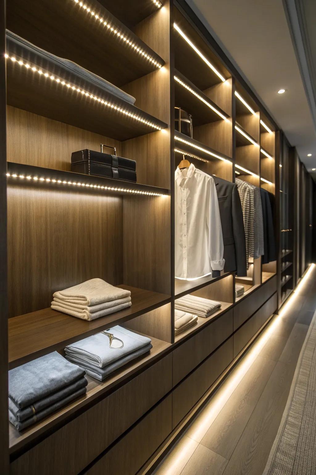 Elevate your closet game with sleek LED lighting for a touch of modern luxury.
