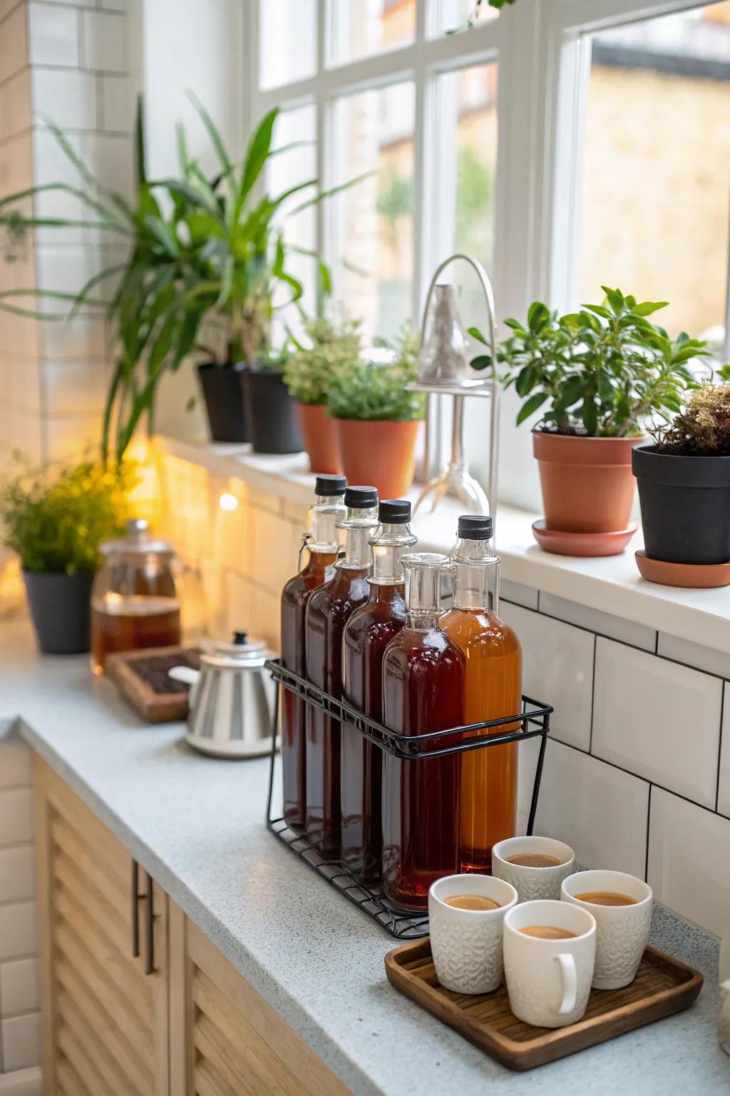 Small plants add a natural aesthetic to your coffee syrup stand.