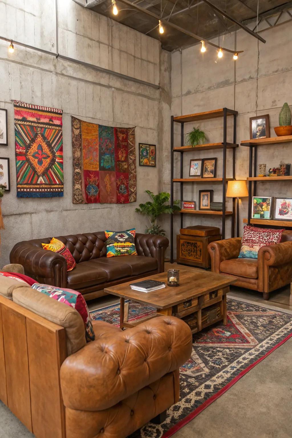 Eclectic decor brings life to concrete walls with rich textures.