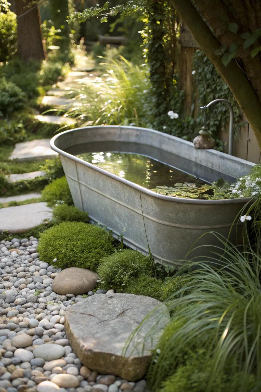 Discover your hidden oasis with this charming zinc tub pond, a haven for nature and tranquility.