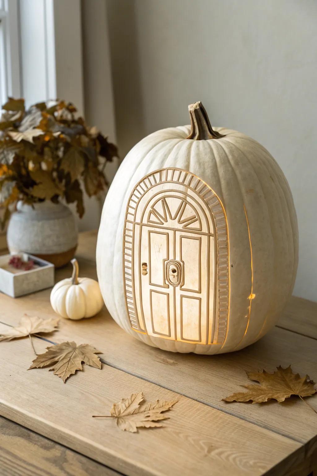 Unlock the mystery: Step into Coraline's world with this elegantly carved pumpkin door.