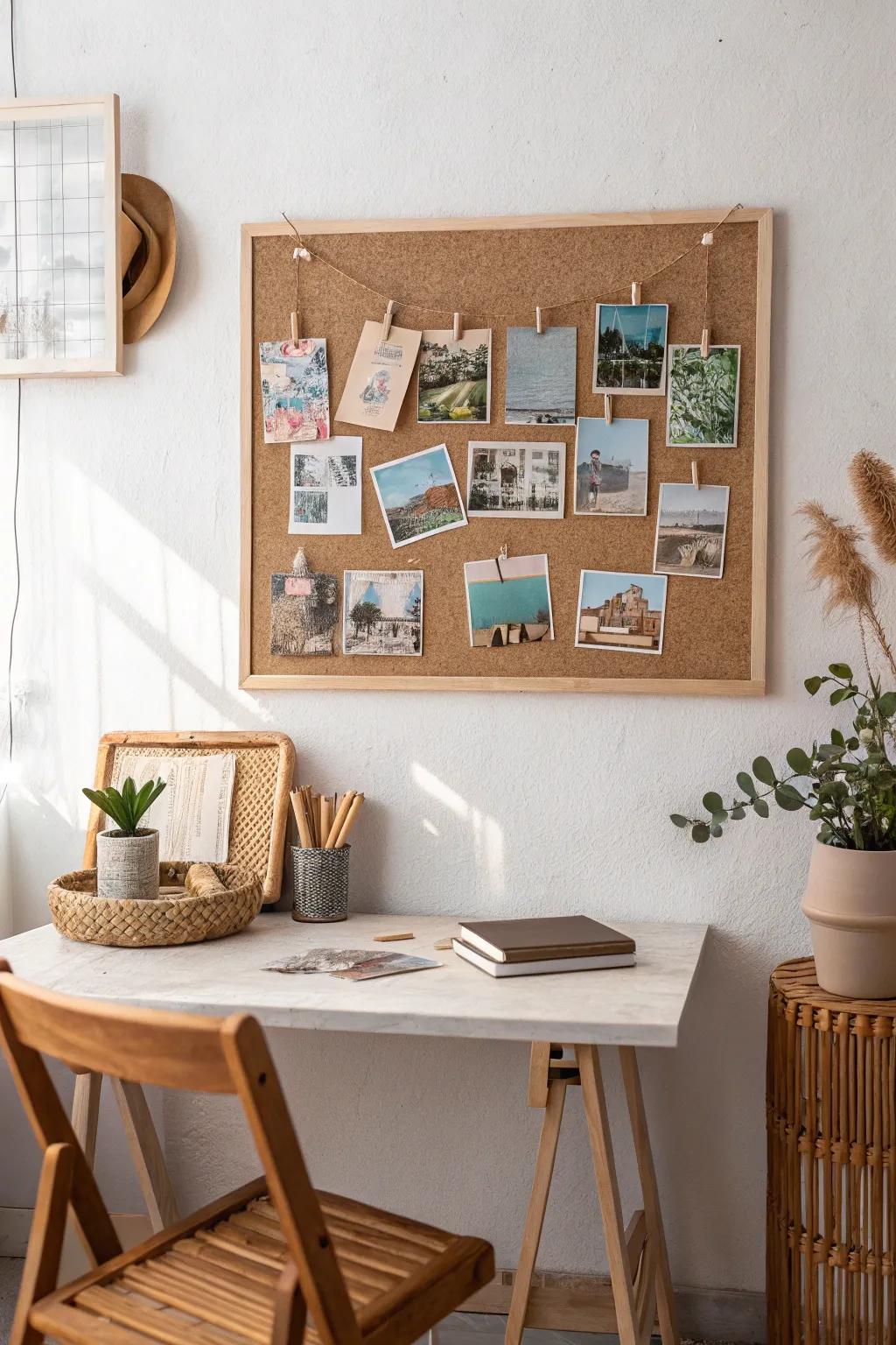 Elevate your space with a minimalist cork board collage—where simplicity meets wanderlust.