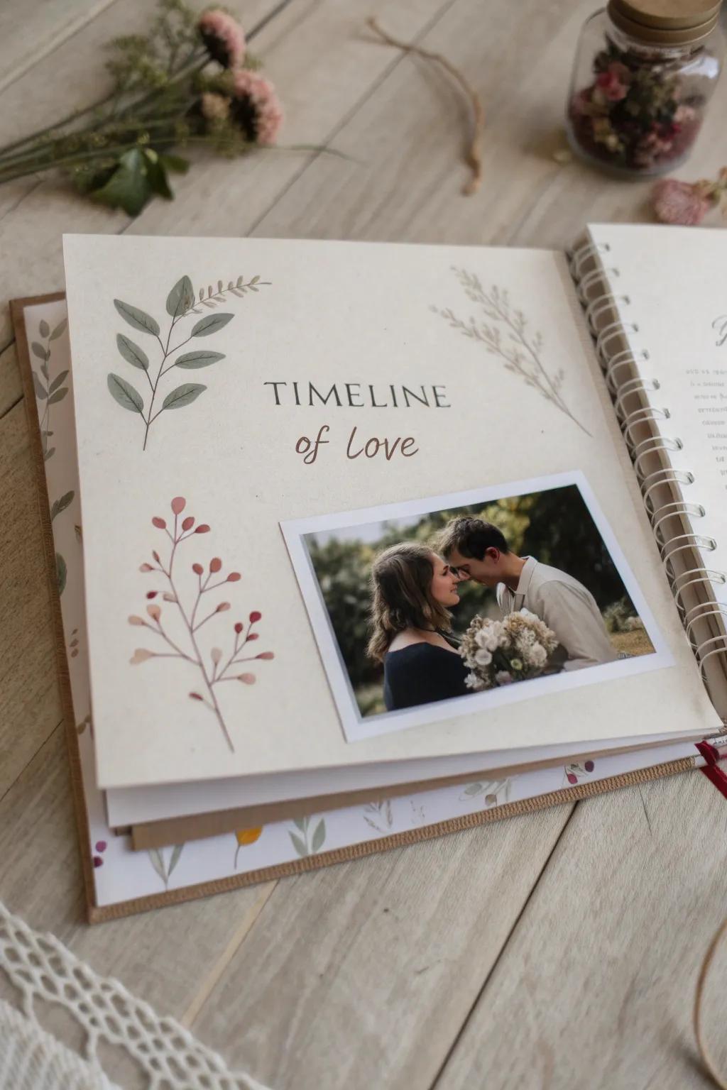 Celebrate your journey with a 'Timeline of Love' scrapbook page, where every date holds a cherished memory.