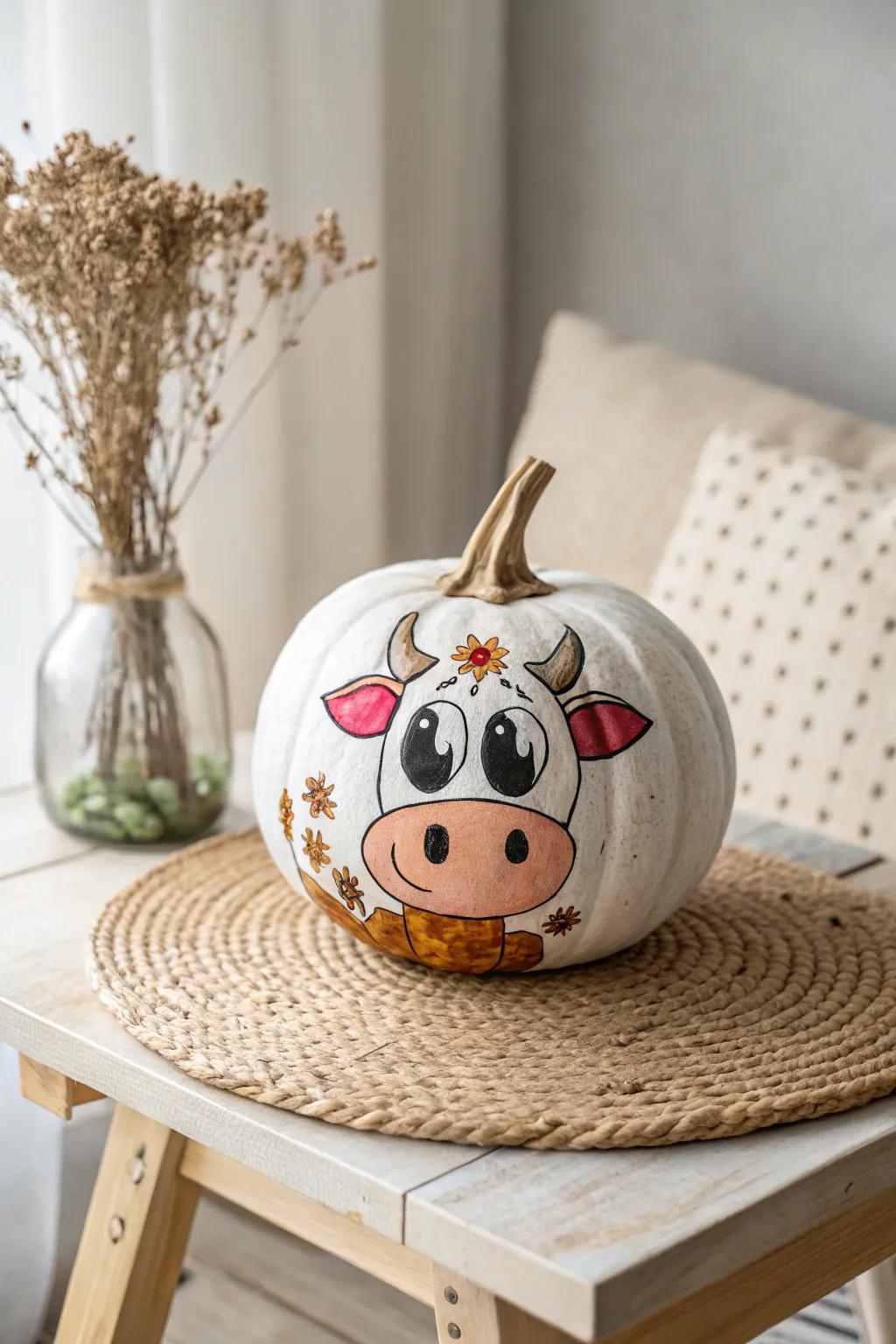Add a whimsical touch to your autumn decor with this adorable cartoon cow pumpkin, perfect for a cozy, minimalist home!
