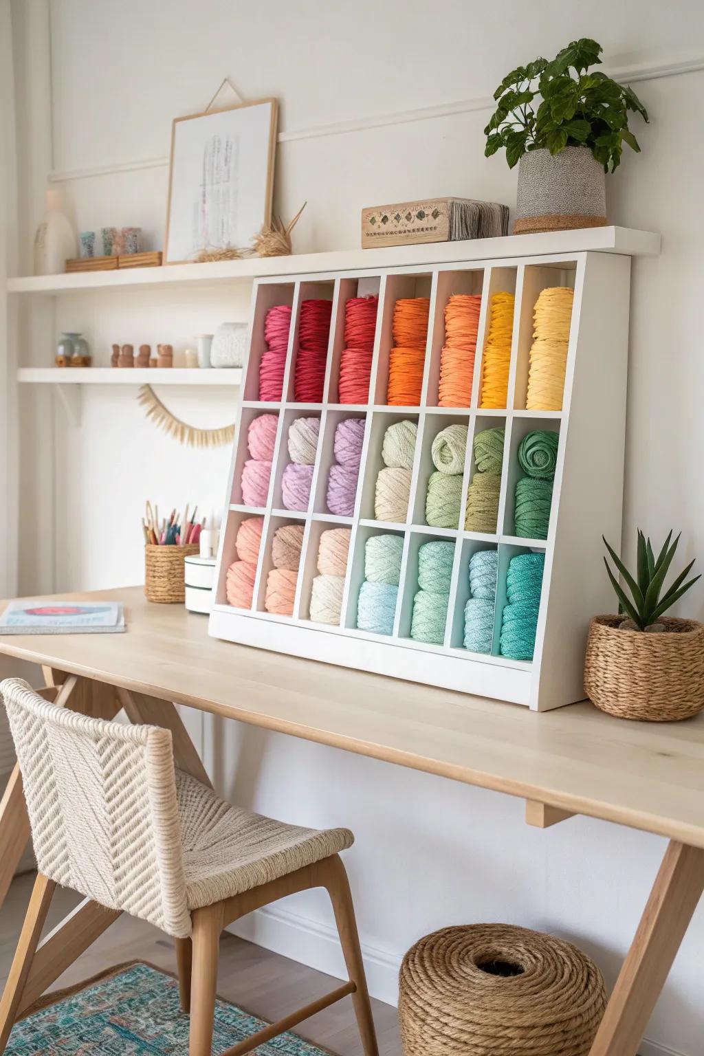 Discover the beauty of simplicity with open shelving—perfect for showcasing your colorful yarn collection in style.