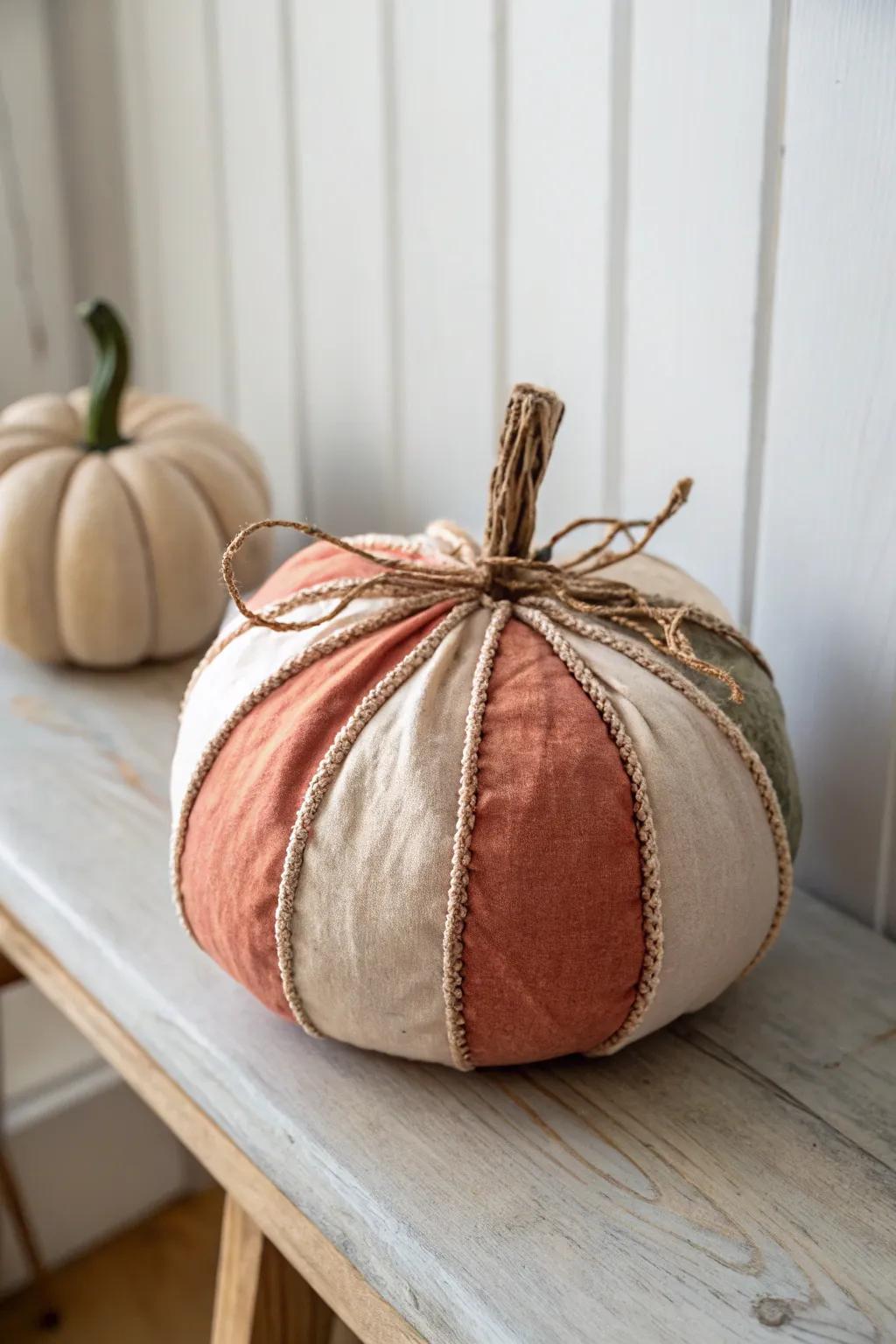 Add a touch of cozy elegance to your decor with this charming fabric pumpkin.