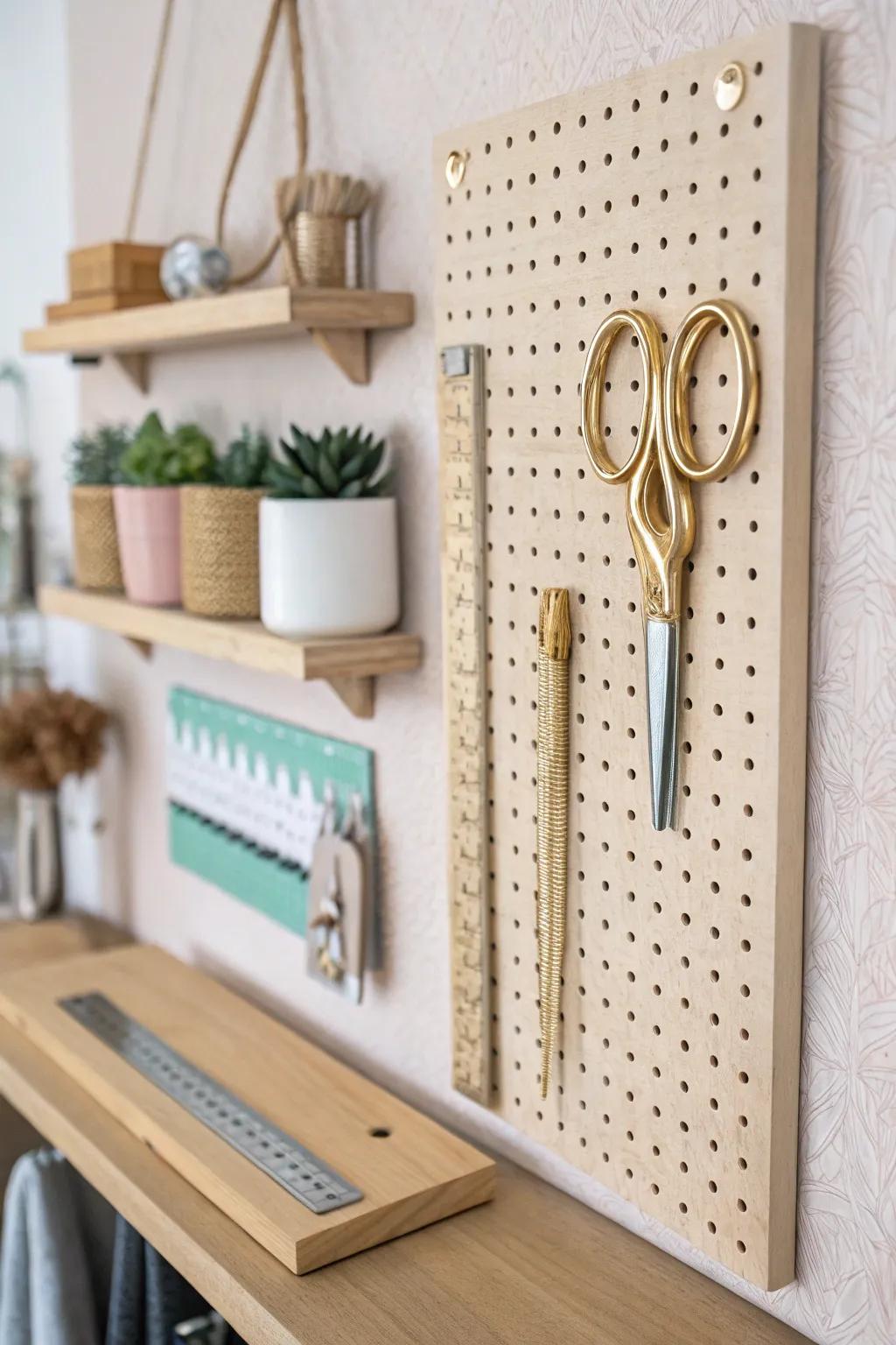 Effortlessly organized: Elevate your craft room with a chic magnetic strip on your pegboard.
