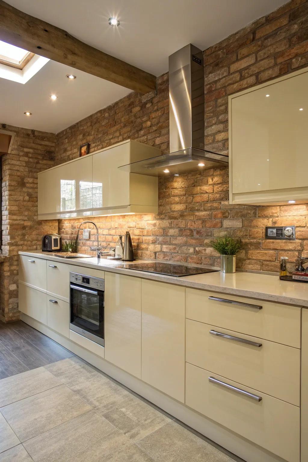A mix of gloss and matte textures for a balanced and dynamic kitchen design.