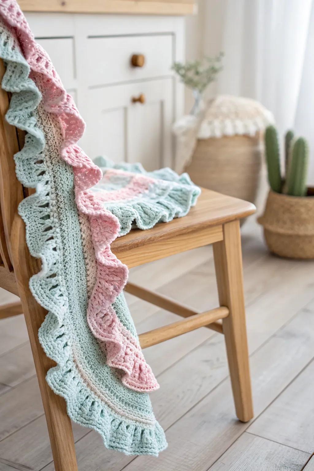 Embrace ruffled romance with this charming crochet border, adding a soft touch of whimsy to your creations.