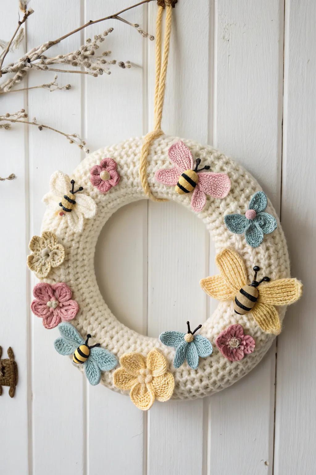 Bring whimsy to your space with a crochet wreath featuring charming bees and butterflies.