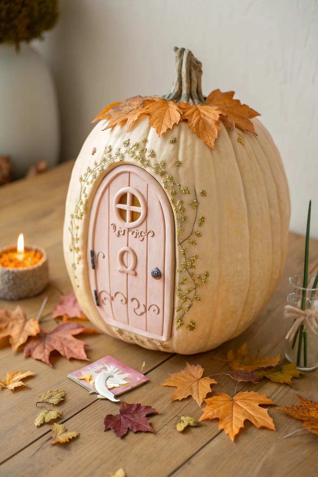 Step into a fairy-tale with this enchanting pumpkin door, bringing a touch of whimsy to your autumn decor.