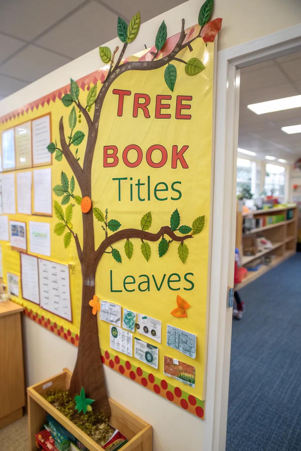 Falling for Books board with book-titled leaves.