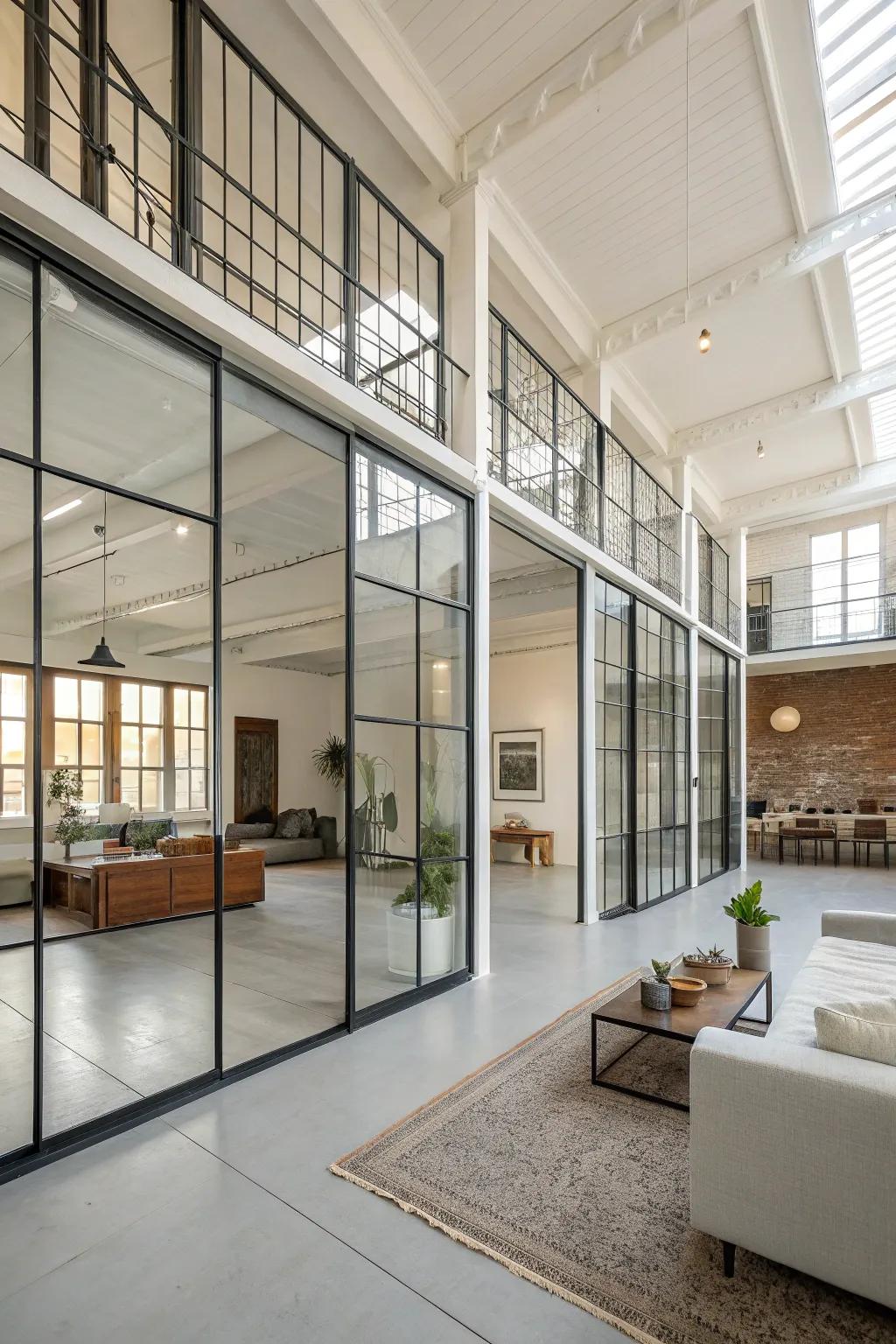 Glass partitions allow light to flow freely while dividing spaces.