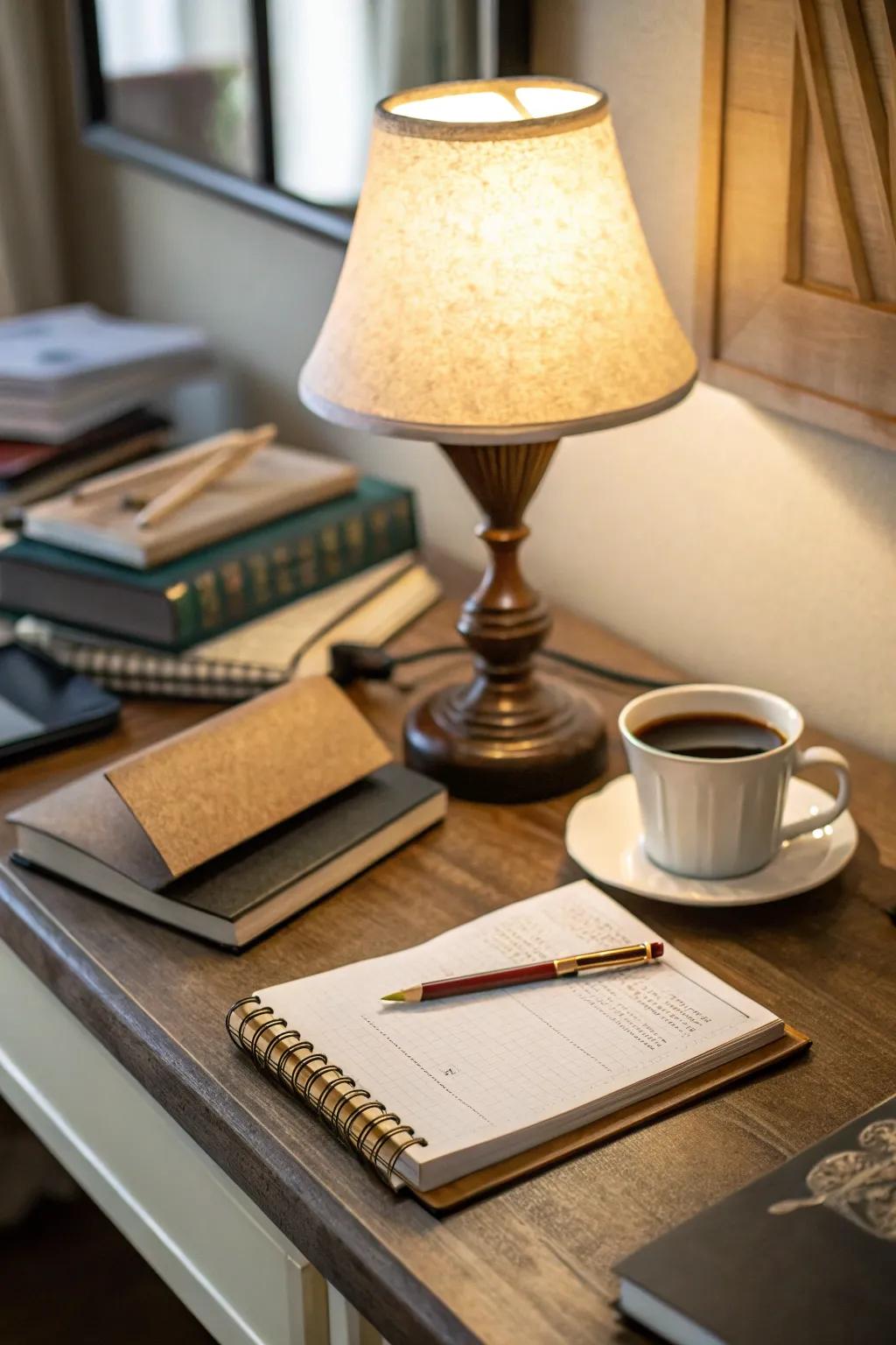 Warm lighting creates a cozy and inviting desk environment.