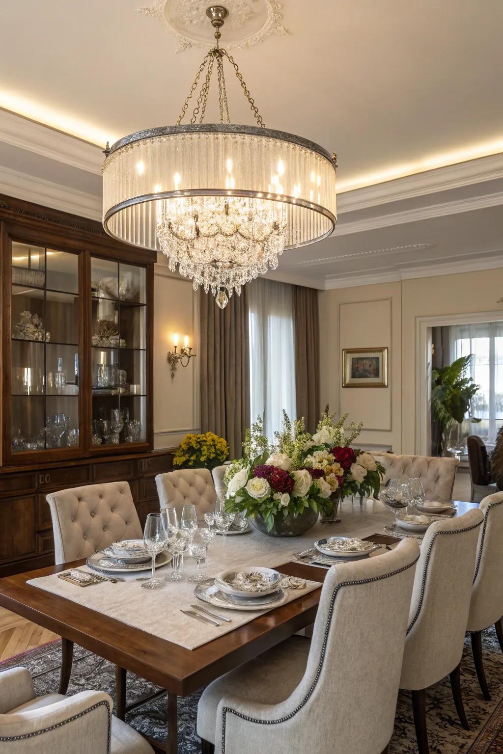 A chandelier adds elegance and warmth, enhancing the dining ambiance.