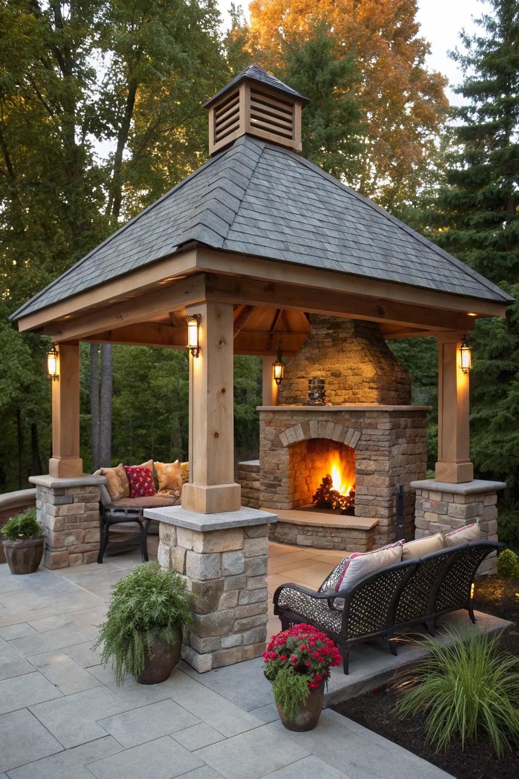 Gather around the warmth: Transform your backyard into a cozy retreat with a stunning outdoor fireplace.