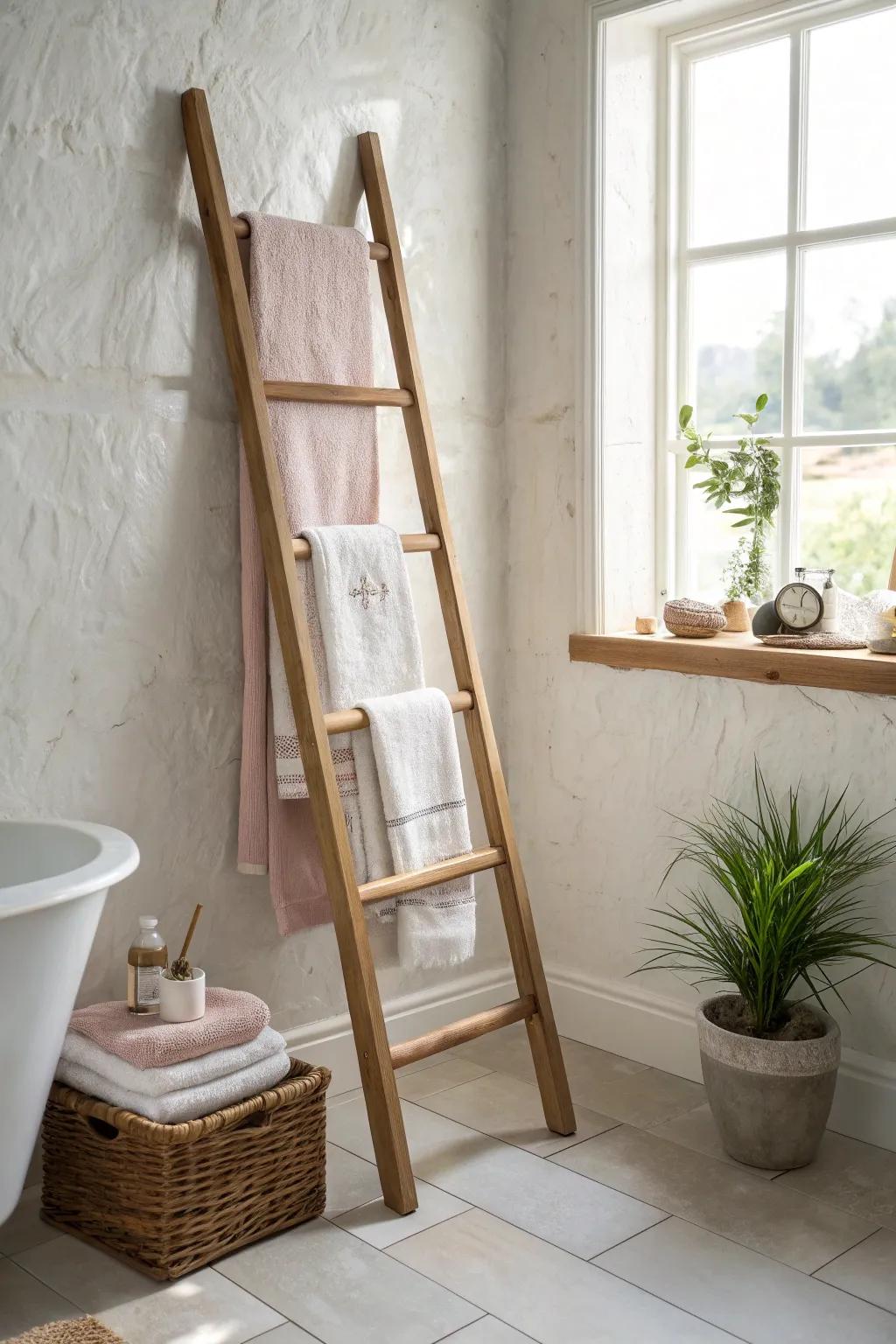 Transform your bathroom with this chic towel display: a repurposed ladder that blends simplicity and style.