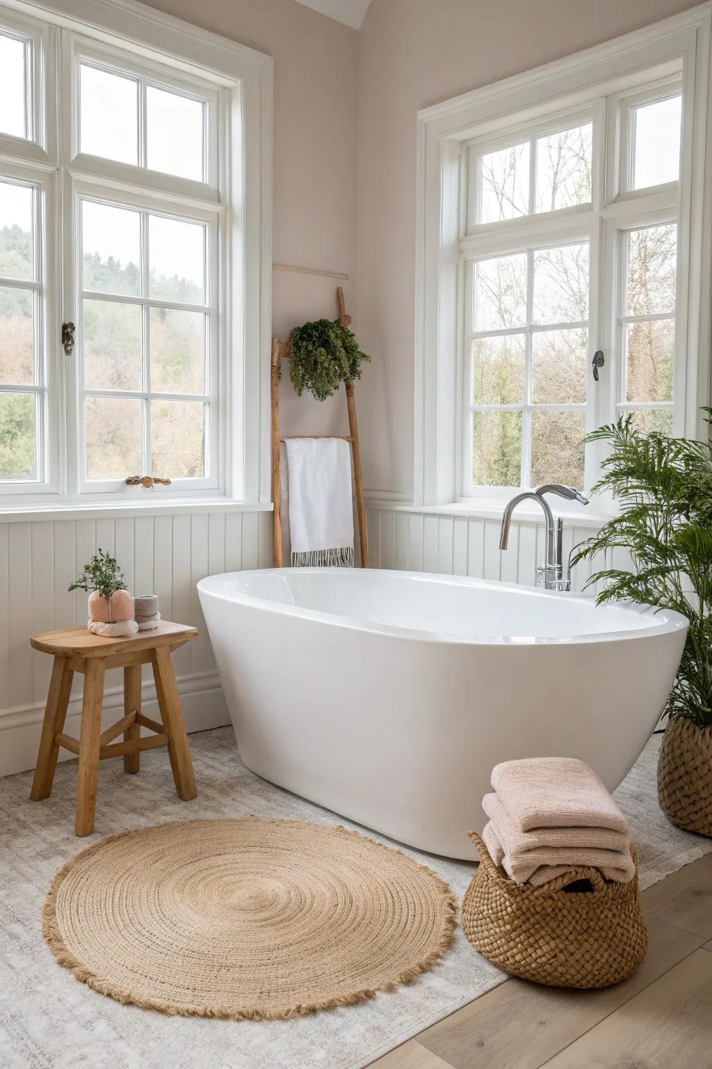 Transform your bathroom into a serene sanctuary with a stunning standalone tub as the centerpiece. #MinimalistElegance #BohoChic