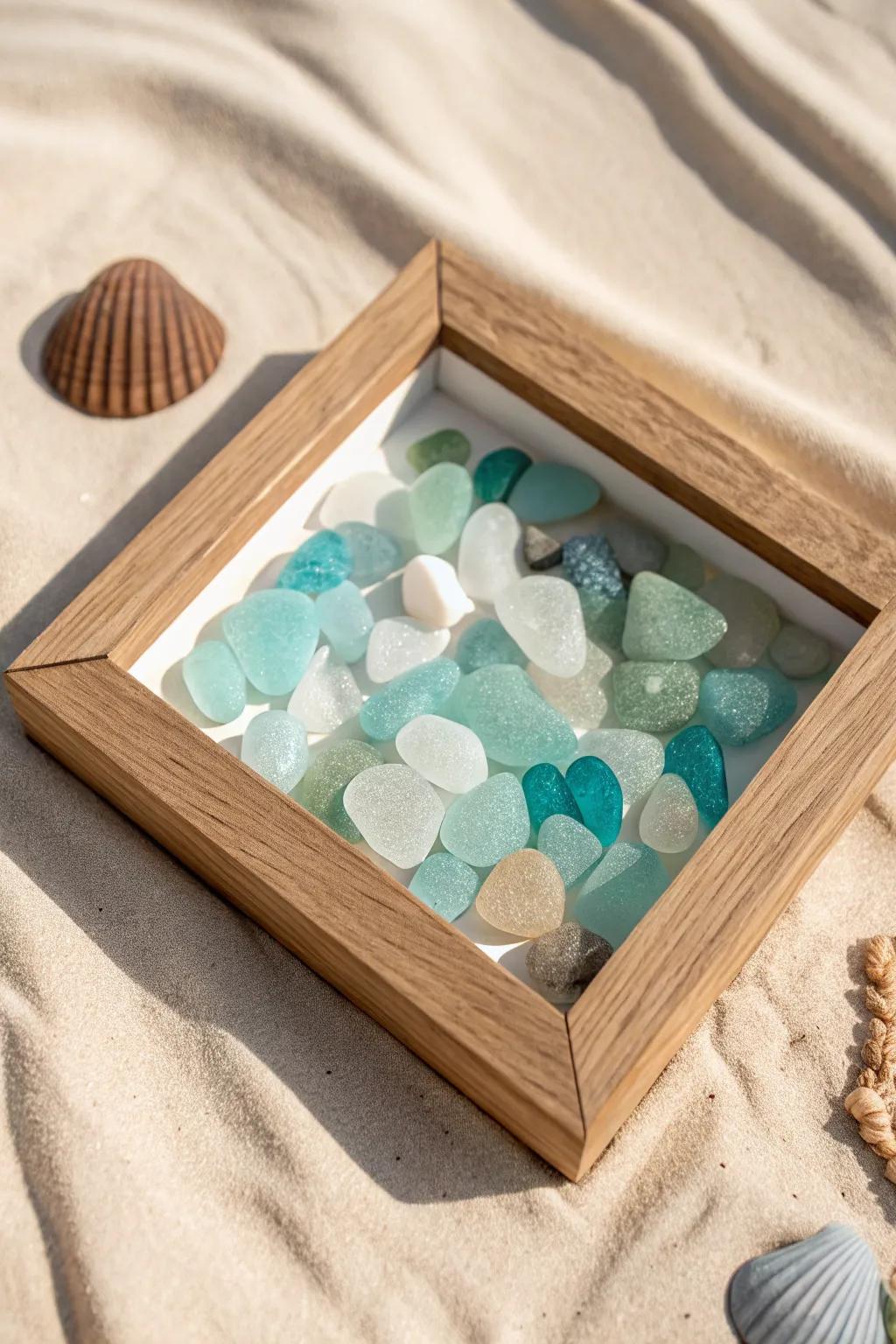 Capture the essence of the sea with serene shades of sea glass in this minimalist beach shadow box.