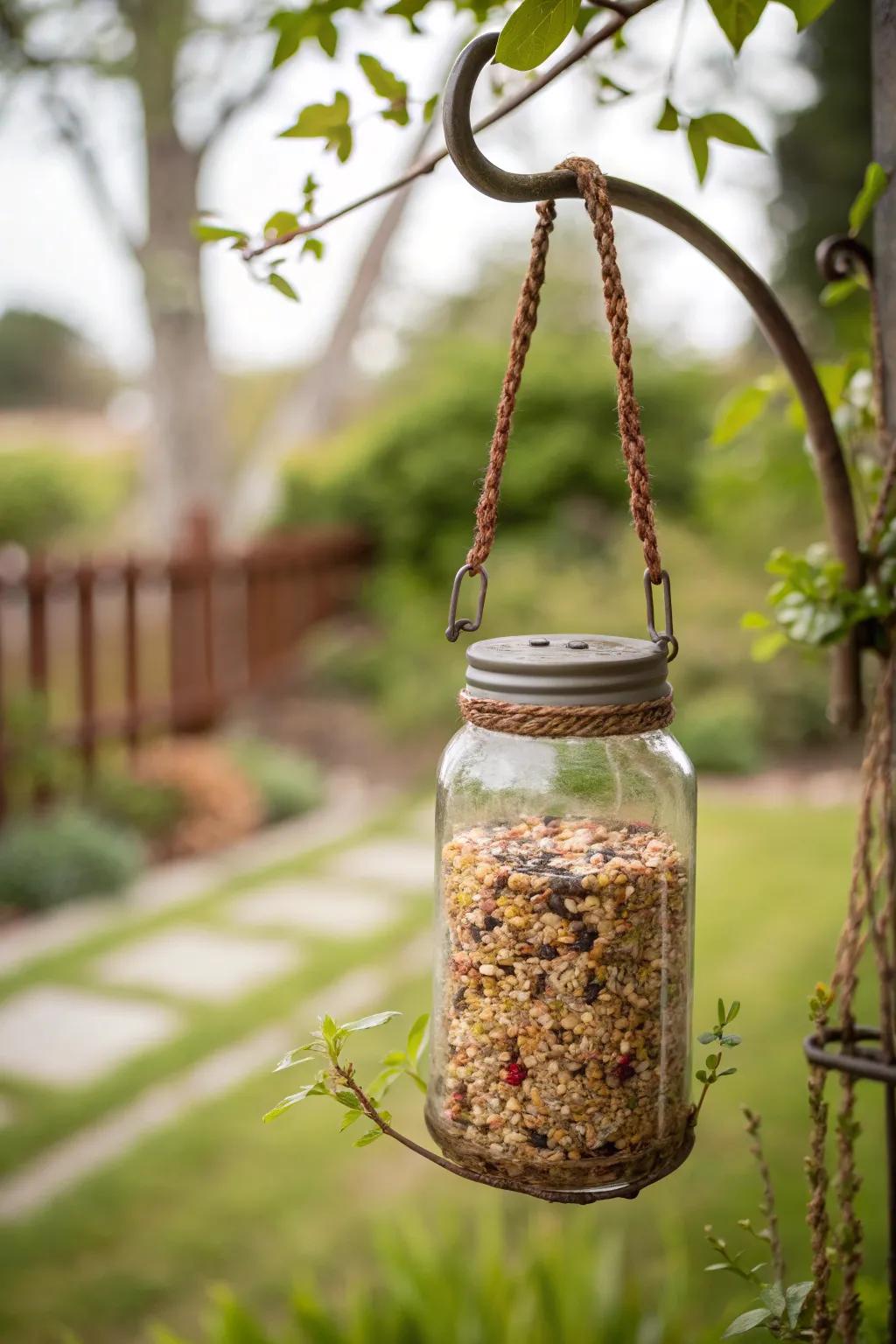 Elevate your garden's charm with this simple yet stunning mason jar bird feeder. #DIYDelight #ScandiBoho