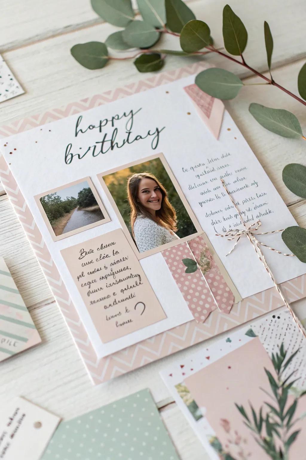 Crafting memories: A minimalist scrapbook-style birthday card with a personal touch.