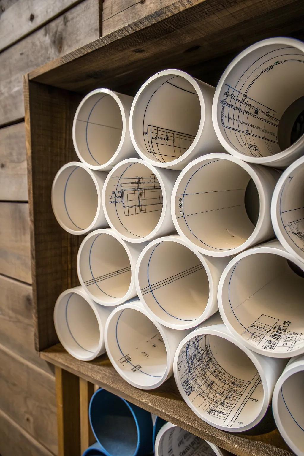 Transform your workspace with a sleek DIY PVC pipe cubby for organized blueprint storage.