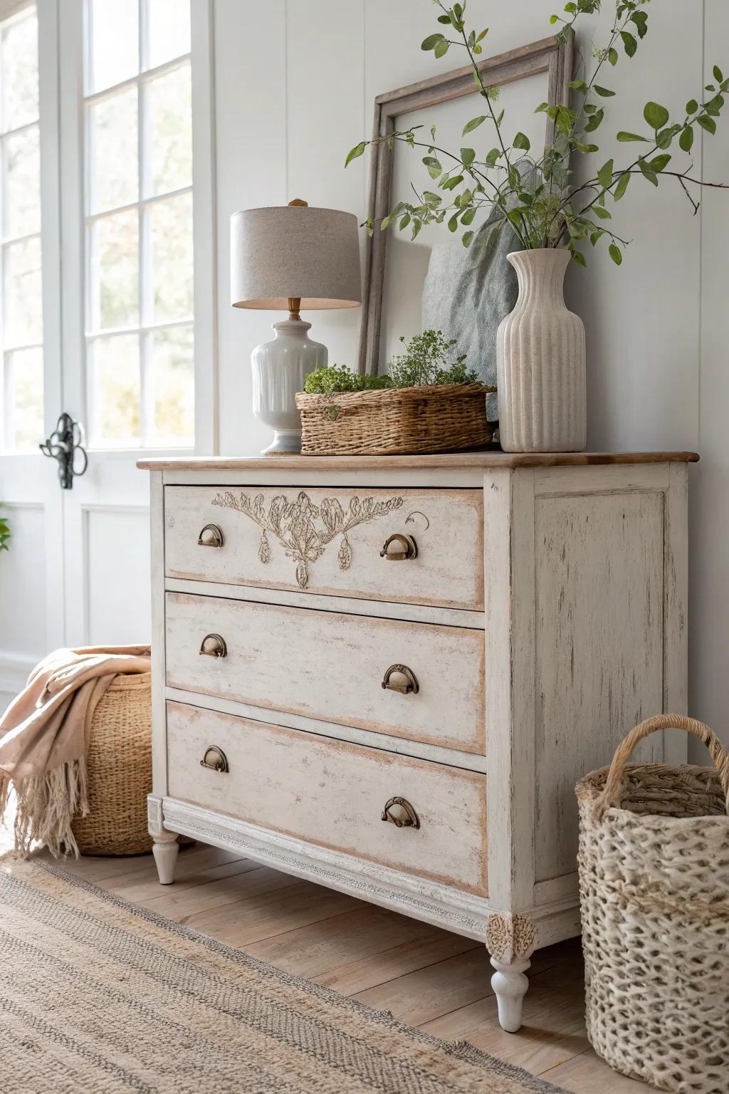 Transform your space with a vintage boho dresser that exudes charm and simplicity.