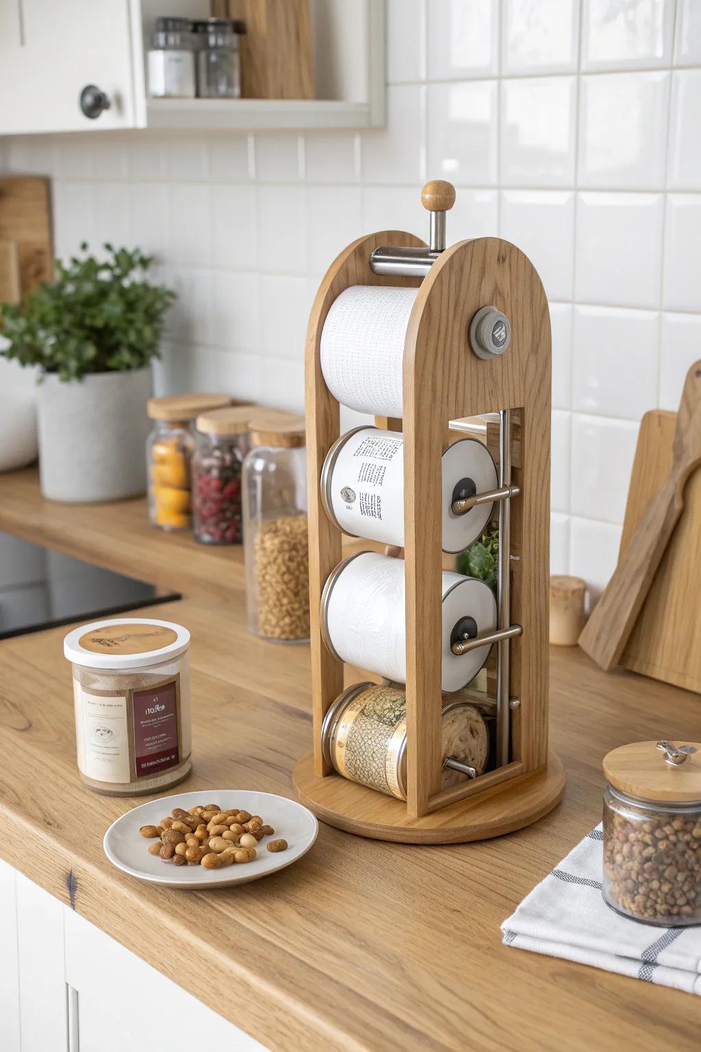 Elevate your kitchen organization with this stylish and functional rotating can dispenser, perfect for the minimalist at heart.