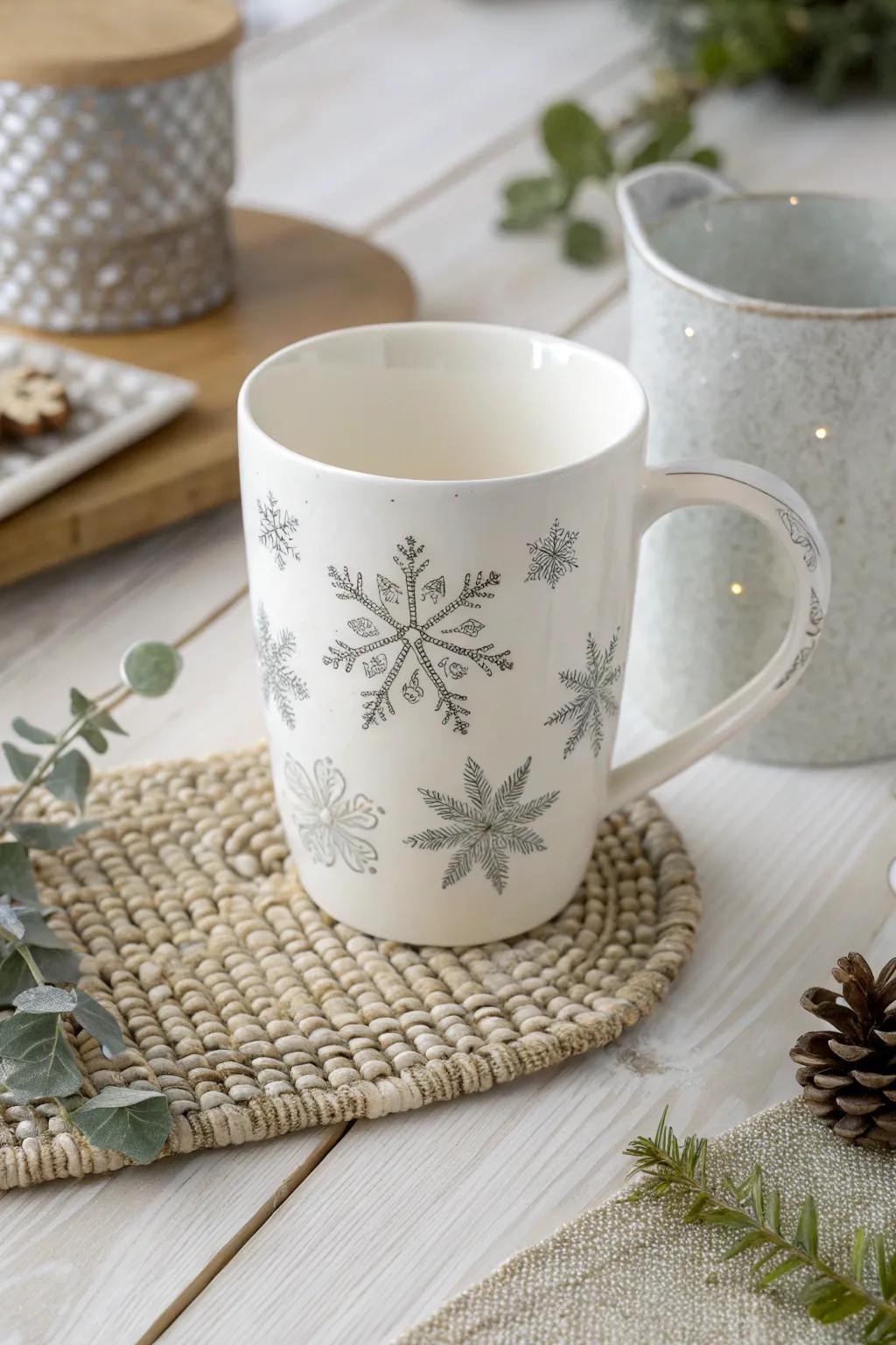 Embrace the spirit of winter with this elegant DIY snowflake mug, perfect for sipping cocoa by the fire.