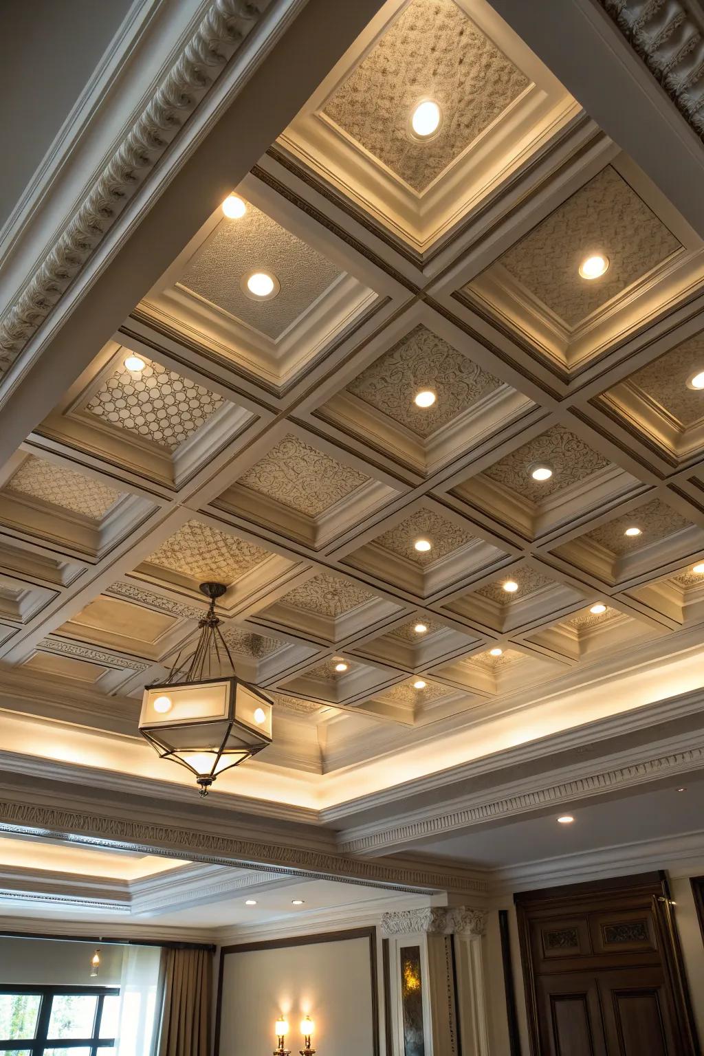 Illuminate your space with the elegance of recessed lighting in a coffered ceiling.