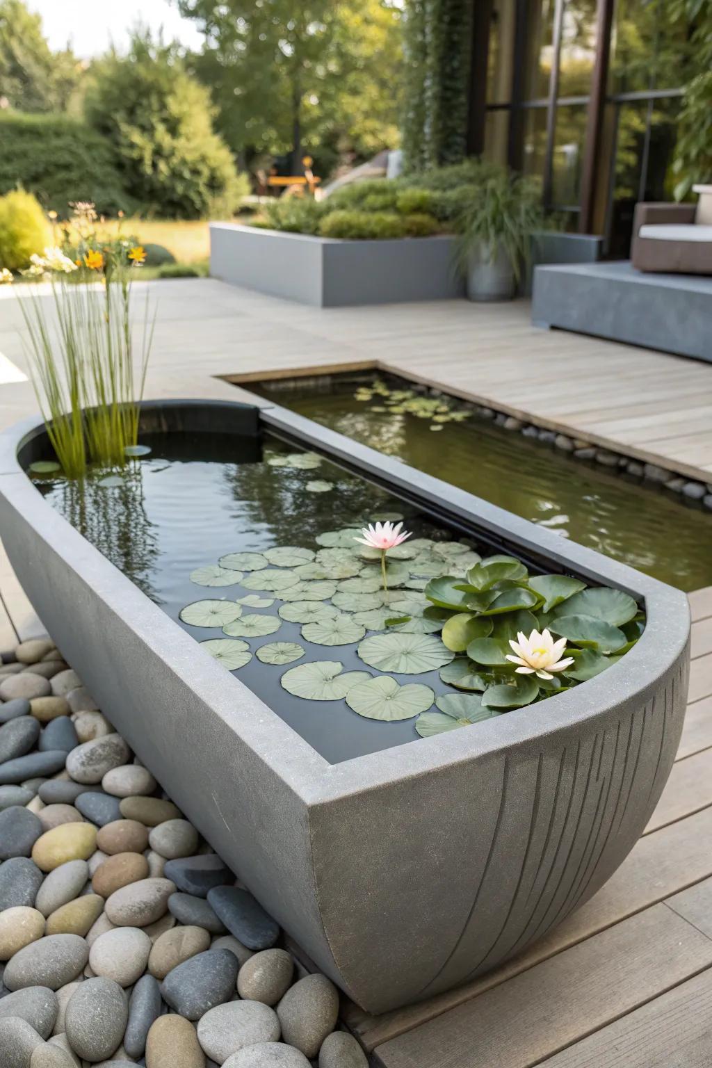 Discover the elegance of a contemporary fiberglass pond—where modern design meets natural serenity.