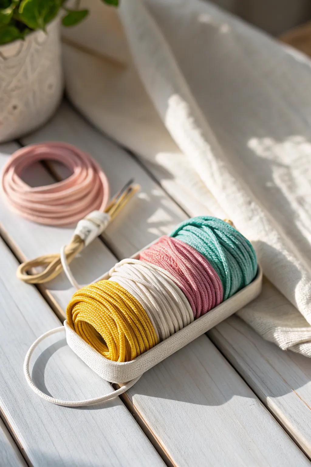 Add a splash of color and order to your space with these charming thread-wrapped cord organizers.