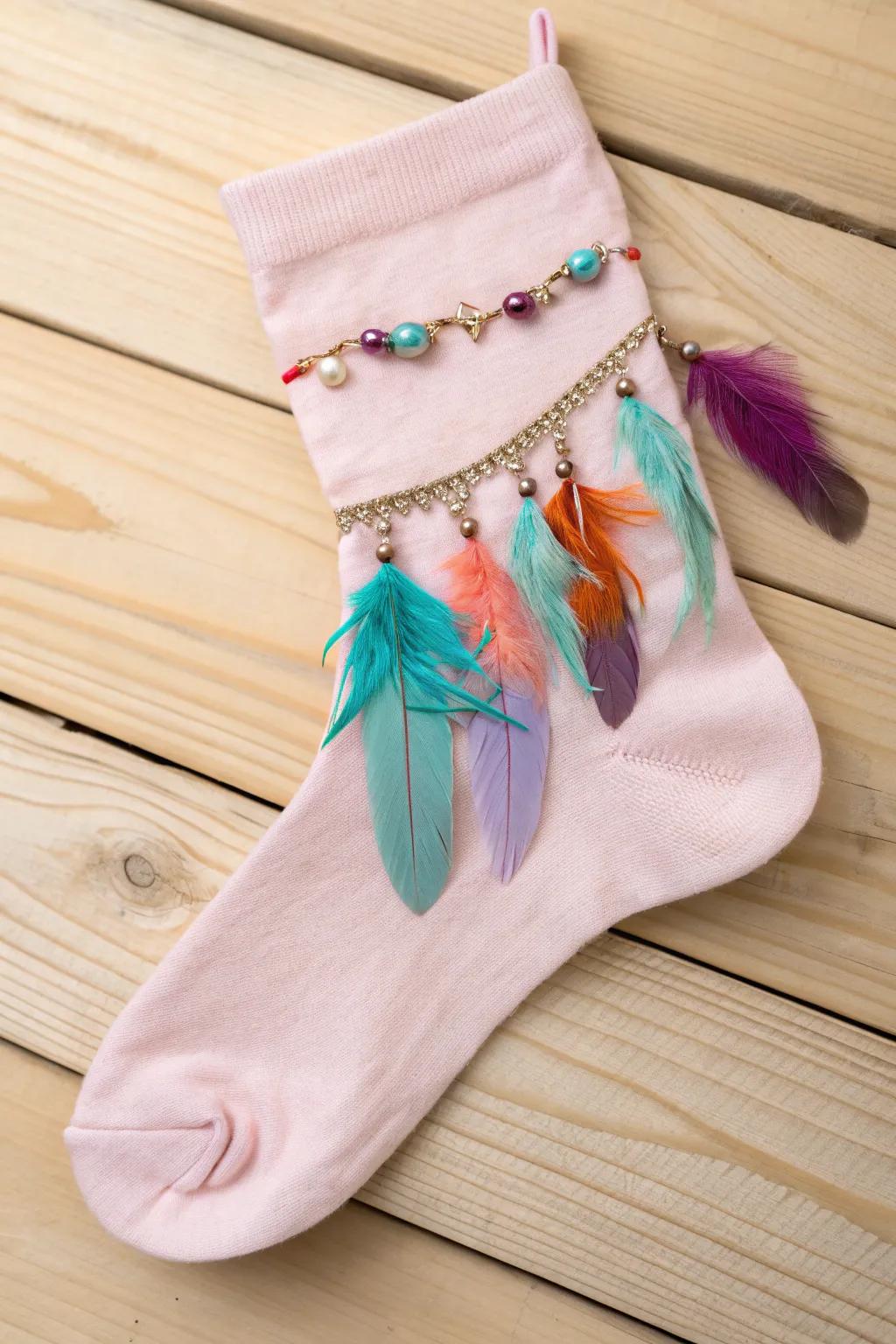 Embrace whimsy with feathered fun – a playful twist on DIY socks for your unique style.