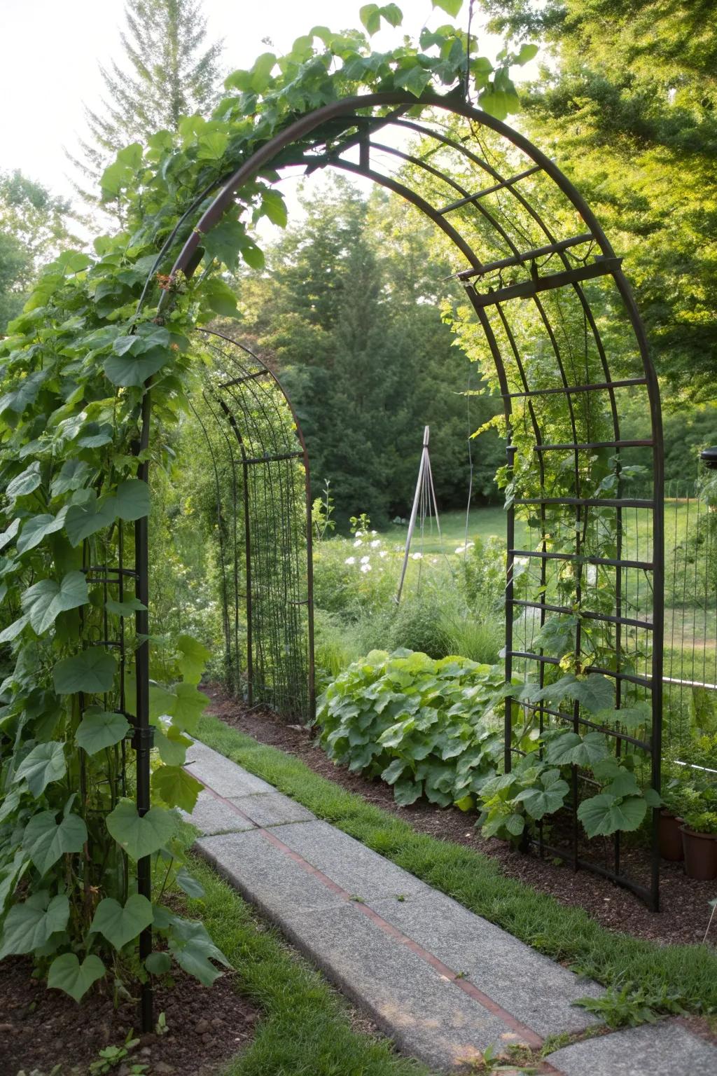 Transform your garden into a serene oasis with a minimalist cattle panel trellis for your cucumbers.