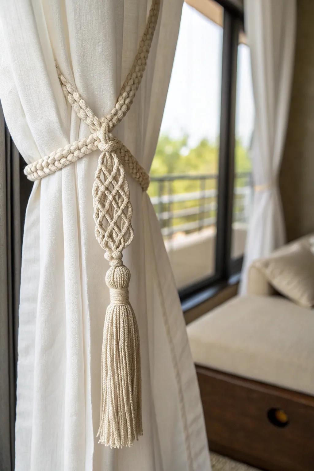 Add a boho-chic touch to your space with artisanal macrame curtain tie backs.