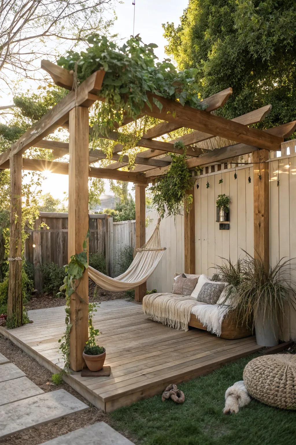 Create a serene escape with a handcrafted pergola, perfect for you and your furry friend.