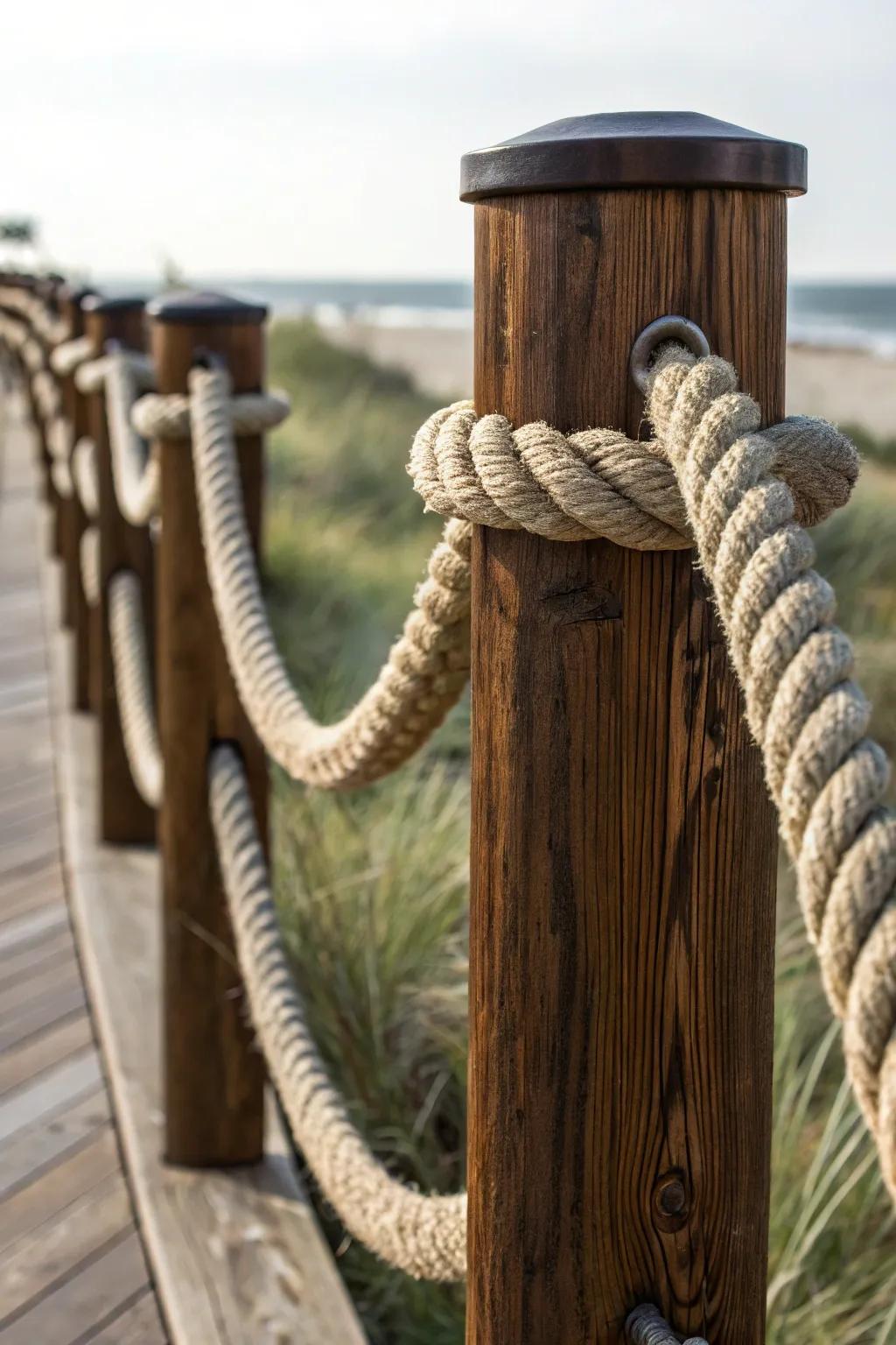 Elevate your outdoor space with a nautical-inspired rope and wood fence – where rustic charm meets coastal elegance.