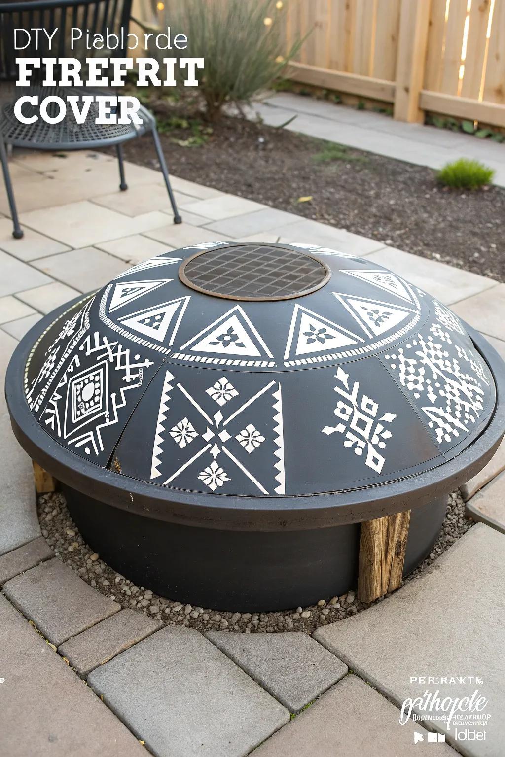 Elevate your outdoor space with this DIY firepit cover featuring bold stenciled geometric patterns. A perfect blend of functionality and art.