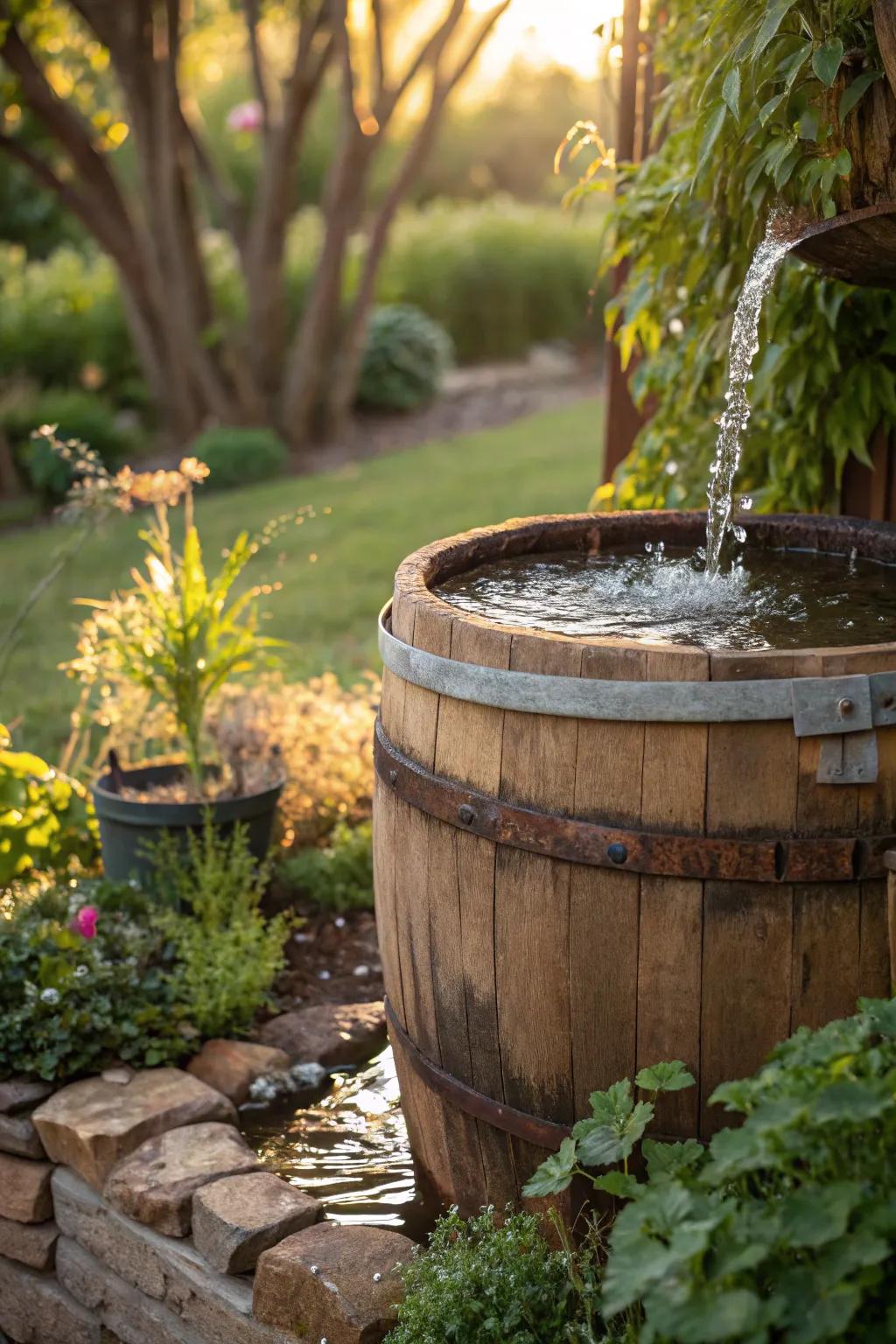 Transform your garden with the rustic charm of a wine barrel waterfall.