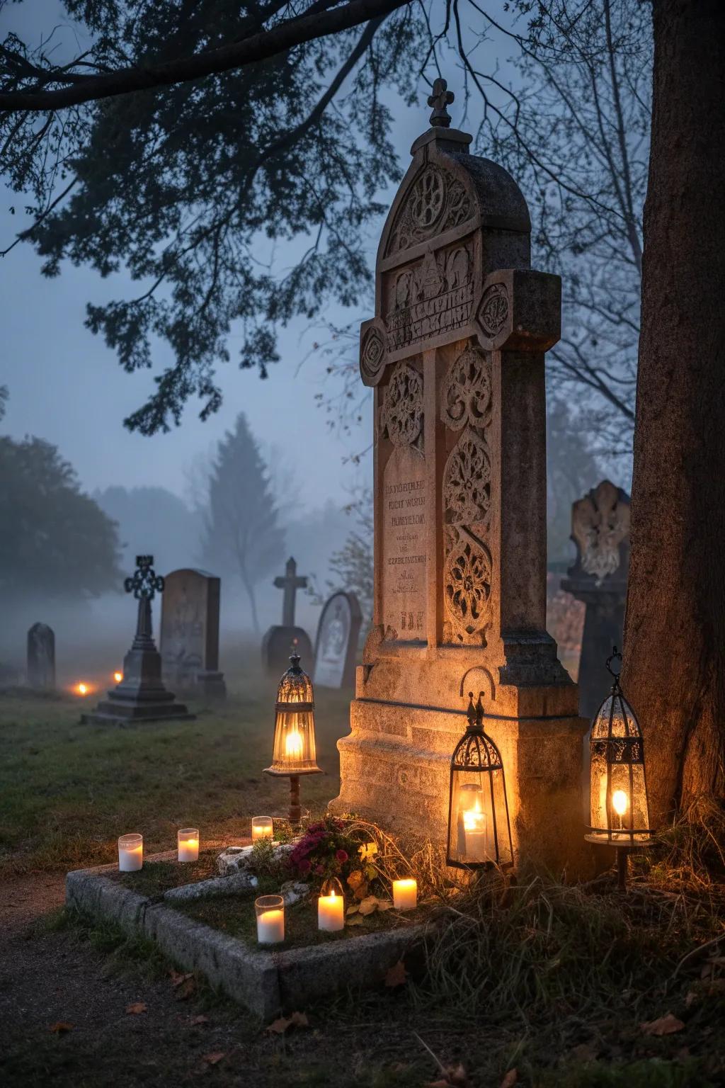 Transform your DIY headstone into a nighttime masterpiece with enchanting candlelight and lanterns.