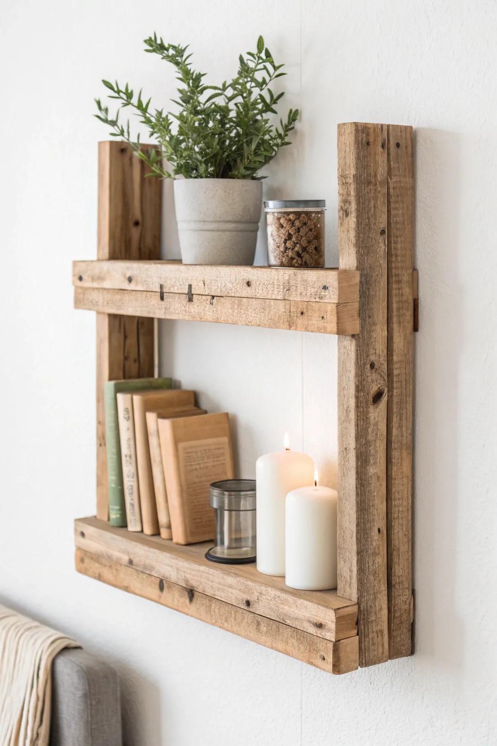 Transform your space with rustic charm: DIY pallet wood shelves for a budget-friendly home decor upgrade.
