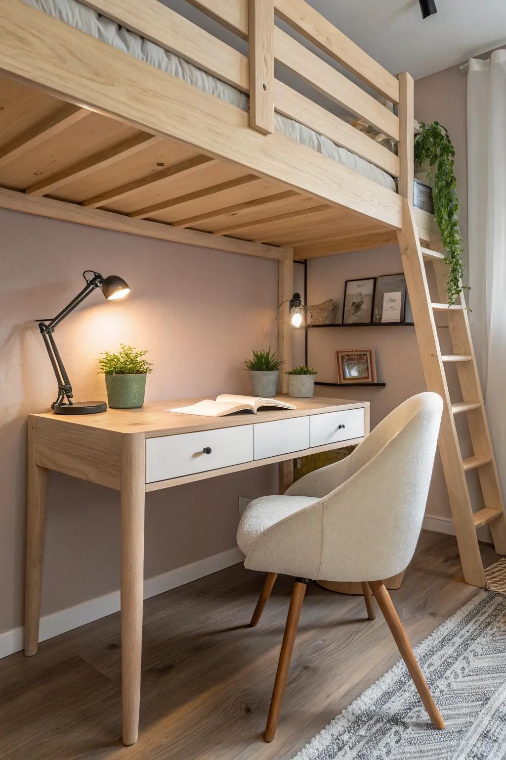 Transform your small room with this chic study nook under the loft bed!