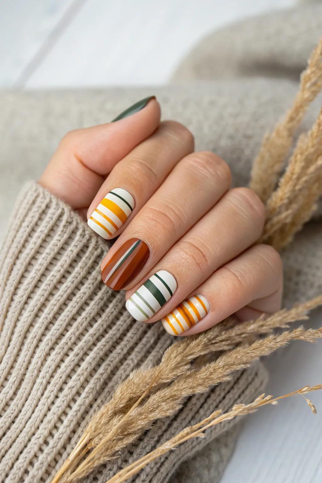 Embrace the season with chic striped nail art that’s both festive and elegantly minimalist.