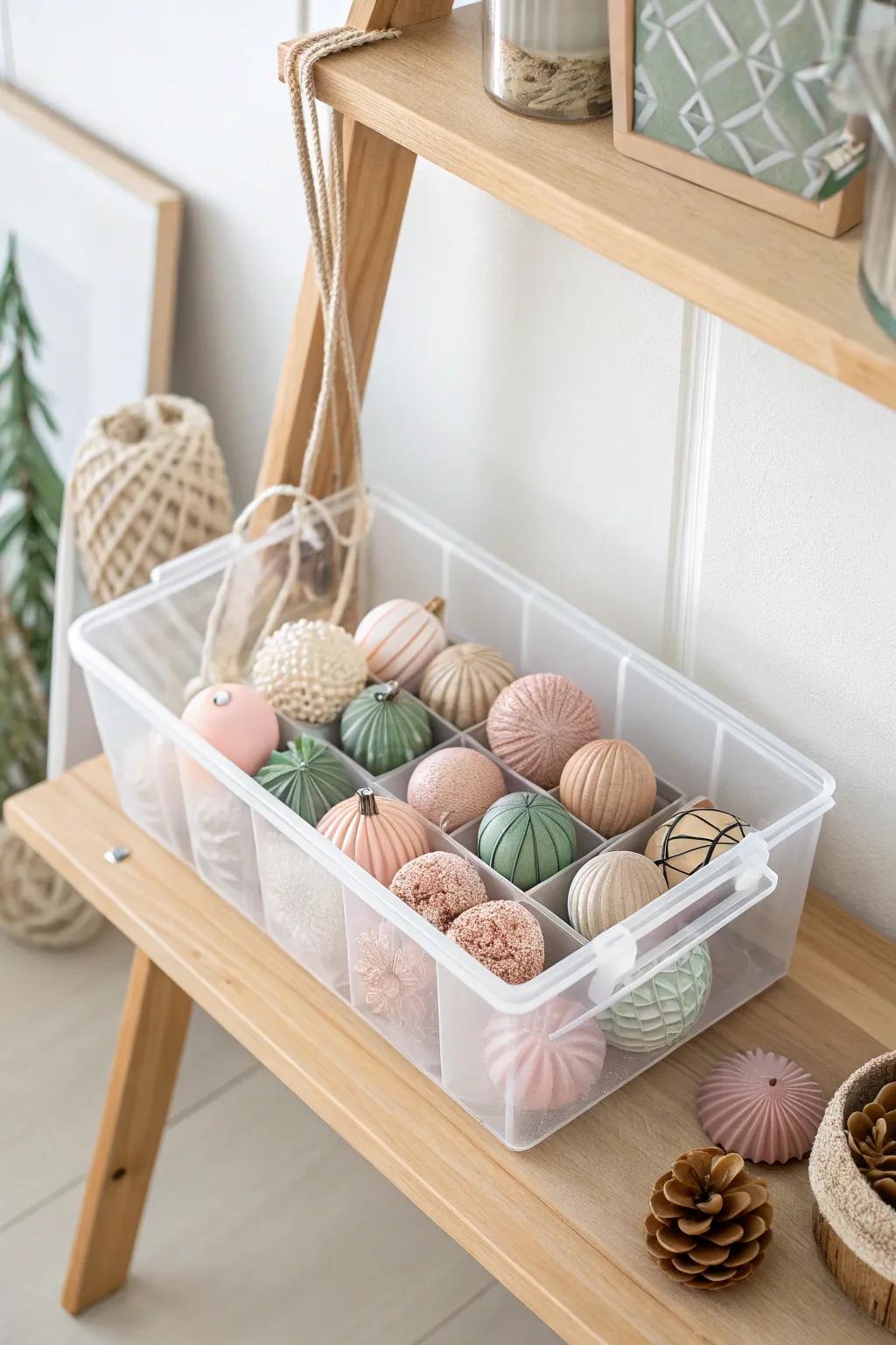 Effortless organization meets minimalist charm with clear bins for ornament storage.