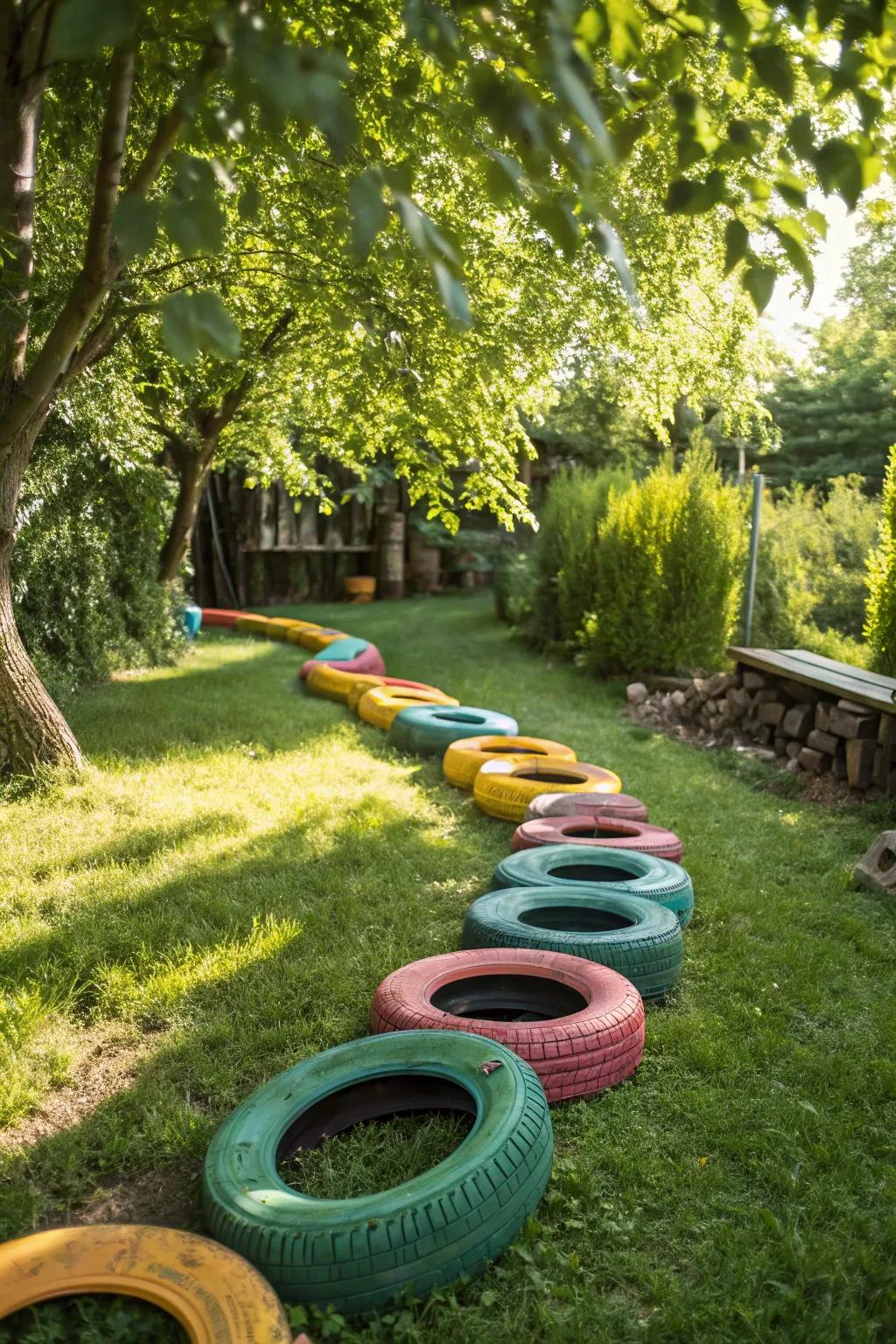 Transform your backyard with a vibrant tire obstacle course that sparks adventure and fun.