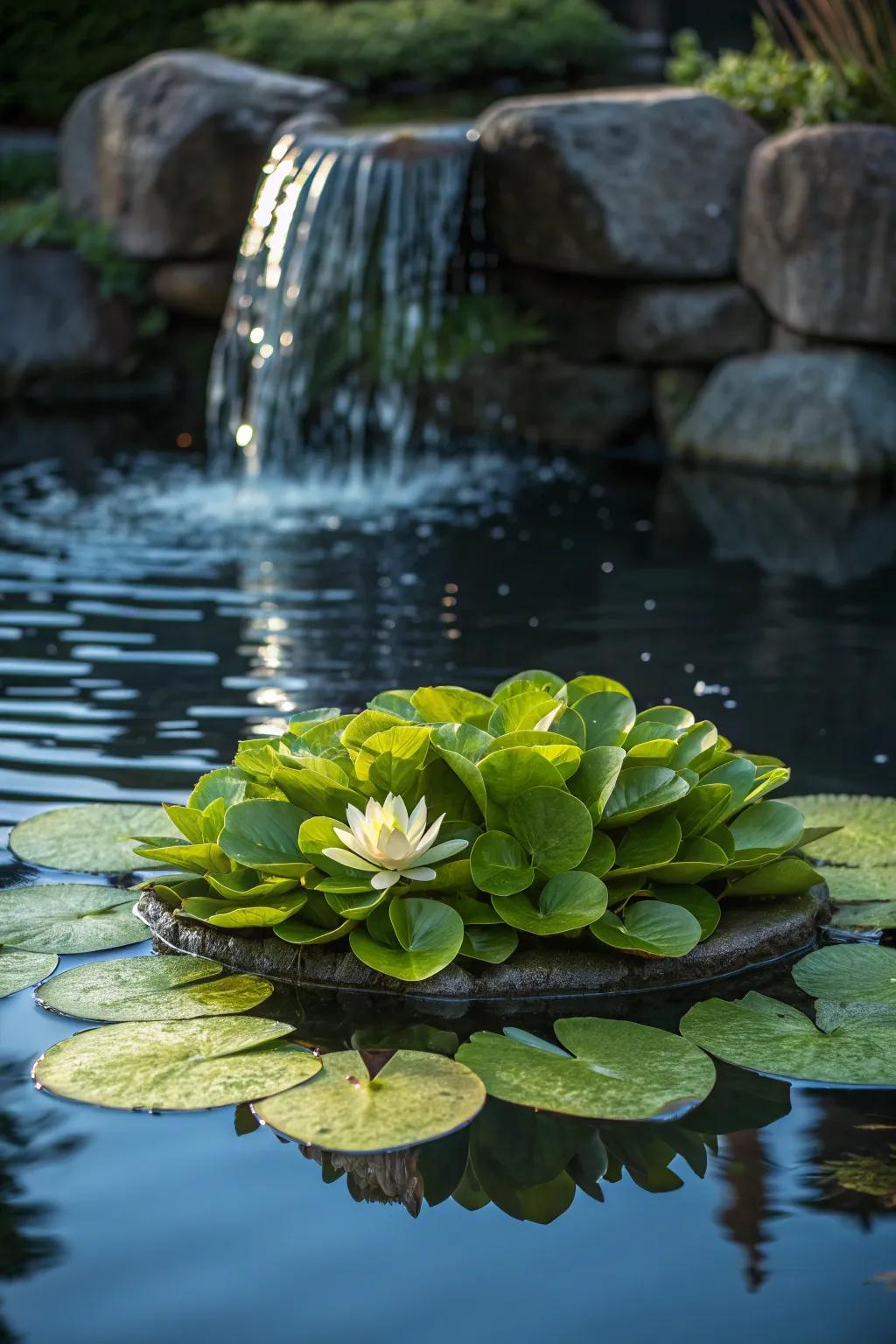 Elevate your backyard oasis with a serene floating plant feature that captures natural beauty and tranquility.