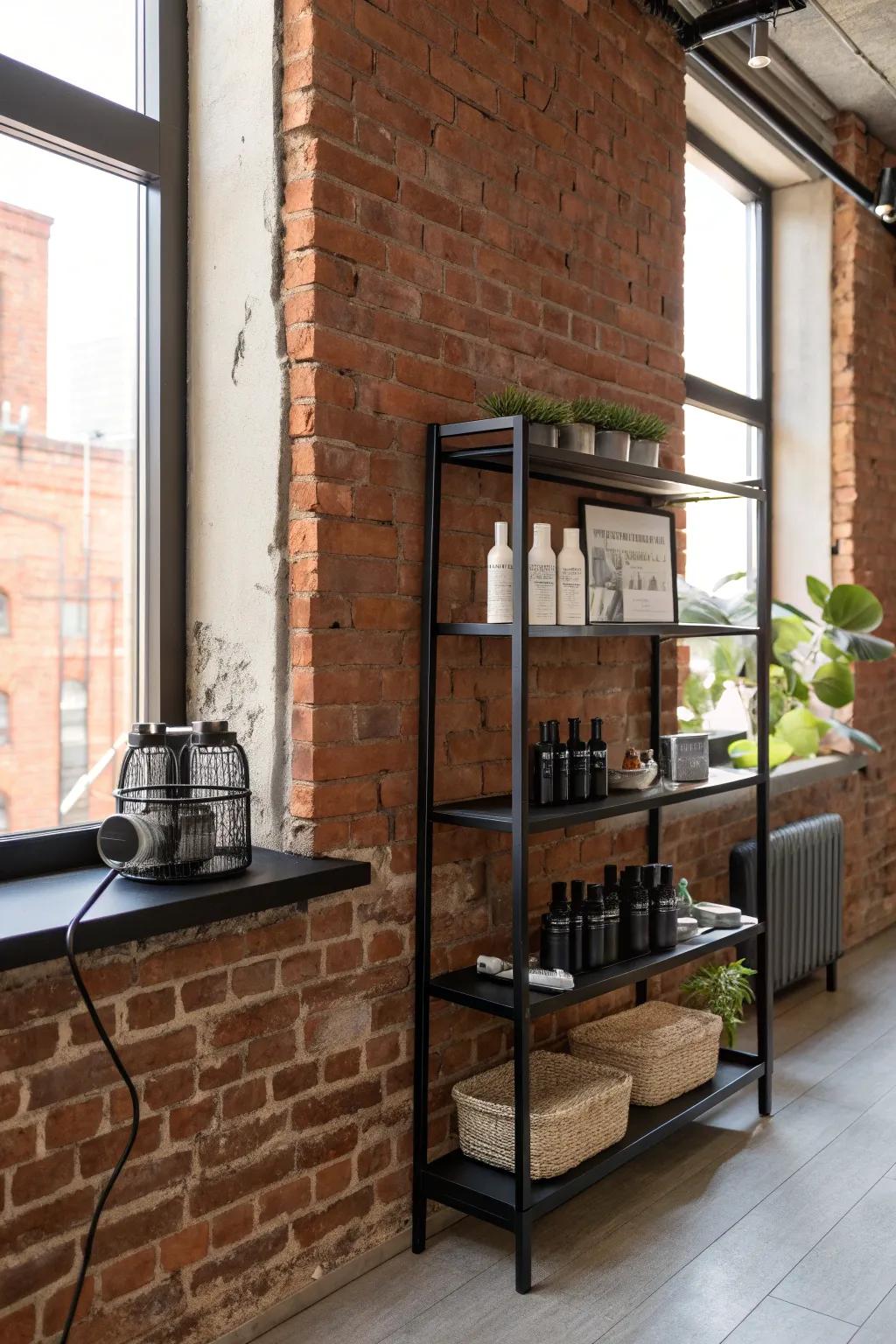 Embrace the Industrial Chic: Transform your space with a sleek, modern salon station set against an exposed brick backdrop.